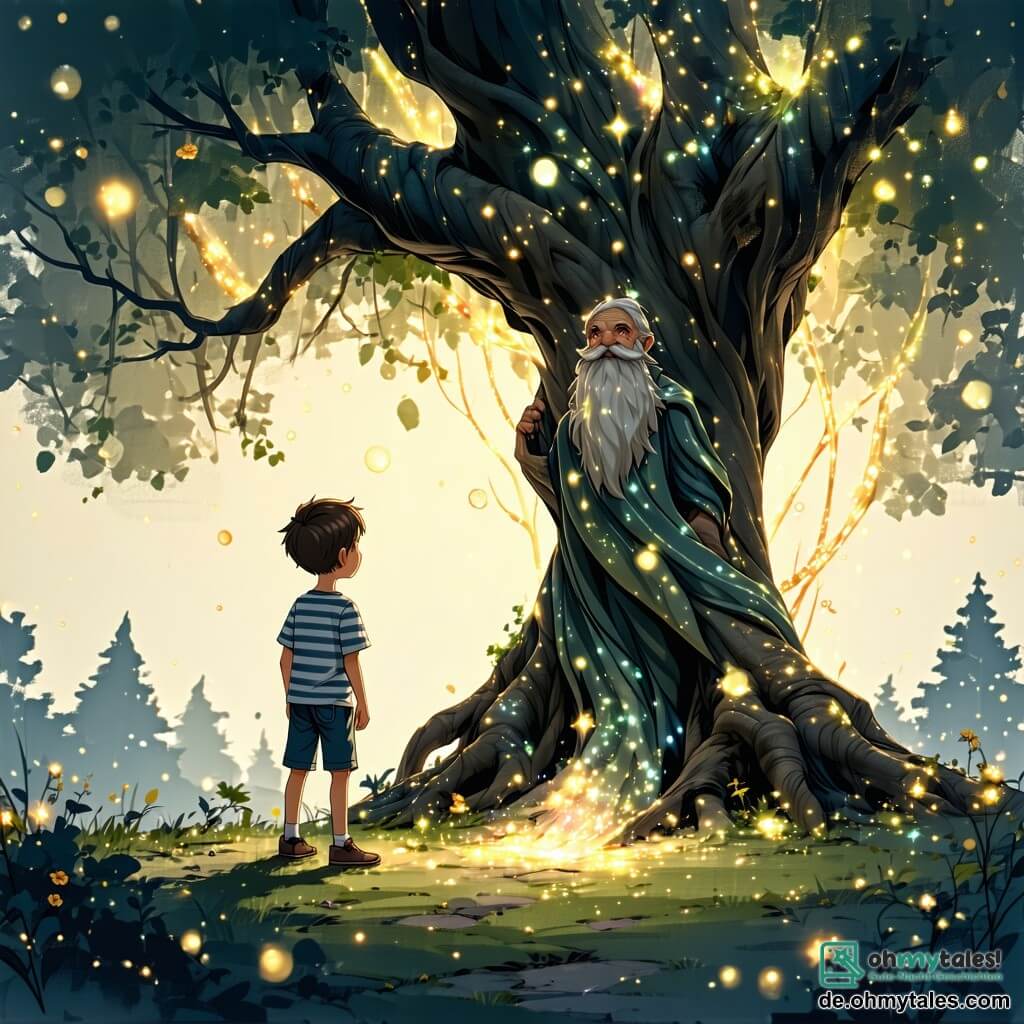 Im Zentrum des Bildes steht ein 12-jähriger Junge namens Finn mit zerzausten braunen Haaren und neugierigen, funkelnden Augen vor einem majestätischen, leuchtenden Baum. Er trägt ein gestreiftes Hemd und eine Jeansshorts, sein Gesicht strahlt vor Aufregung und Staunen, während er den verborgenen Schatz unter dem Baum betrachtet. Neben ihm schwebt eine ätherische Gestalt, eine weise alte Frau aus Licht, leicht über dem Boden. Sie hat silberne Haare, die wie Sterne funkeln, und ein fließendes Kleid, das aus Nebel zu bestehen scheint. Sie lächelt Finn warm an und ermutigt ihn auf seiner Suche. Die Szenerie ist eine verzauberte Insel, umgeben von mysteriösem Nebel und bunten Blumen, die ein sanftes Licht ausstrahlen. Der Boden ist mit goldenen Blättern bedeckt, und der Himmel ist tiefblau mit leichten Wolken. Die Hauptsituation zeigt Finn, der den Schatz der Weisheit unter dem leuchtenden Baum entdeckt, einen Moment der Offenbarung und Magie, in dem ihm klar wird, dass der wahre Schatz in den gelernten Lektionen und erlebten Abenteuern liegt.