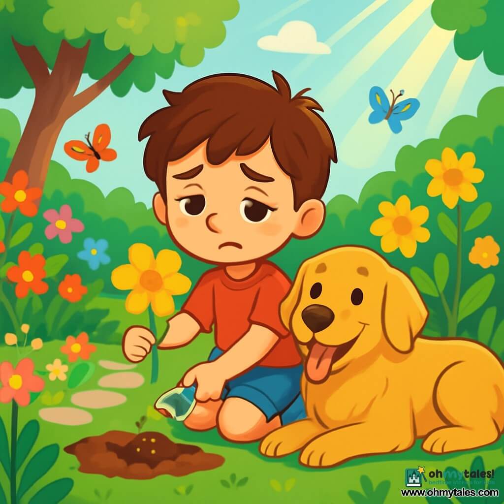 A 6-year-old boy named Oliver, with messy brown hair and sparkling curious eyes, sits in a vibrant garden. His face shows a gentle melancholy with a slight smile as he gazes at a beautiful yellow flower, a symbol of his grandmother's love. Next to him, his dog Max, a golden retriever, lies with his tongue out, seemingly comforting Oliver with his warm presence. The garden is enchanting, filled with bright flowers, fluttering butterflies, and sunlight filtering through the tree leaves. A small stone path leads to a special area surrounded by flowers, where Oliver has created a corner dedicated to his grandmother. The scene depicts Oliver carefully planting seeds, surrounded by the garden's beauty while reminiscing about moments spent with his grandmother, bridging the past and present.
