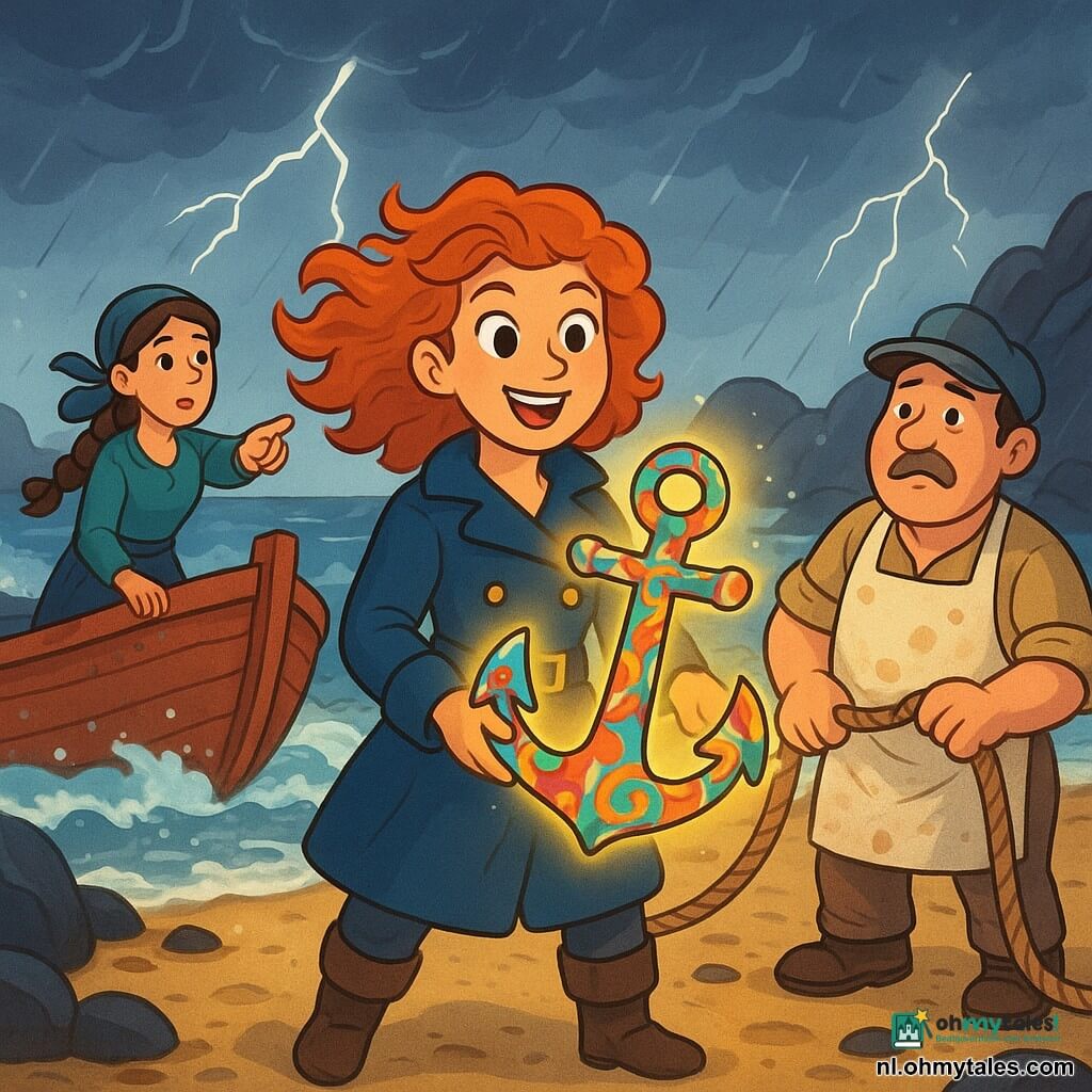 Kapitein Sara, ongeveer 28, rossig krullend haar in de wind, vastberaden en opgewonden, houdt een kleurrijke magische anker vast terwijl ze op nat zand staat; Joep, ongeveer 35, vrolijke maar bezorgde kok met een bevlekt schort en pet, staat rechts op het strand met een touw en kijkt naar Sara; Lila, ongeveer 25, rustige navigator met ingevlochten bruin haar, staat op de boeg van het aangespoelde bootje links van Sara en wijst naar de horizon; kleine rotsachtige eiland met goudkleurig zand, natte zwarte rotsen, schuimende golven en een grijsblauwe onweerslucht met bliksem; het roodhouten schip "De Zeewind" ligt op de achtergrond; de scène toont de vondst van het fonkelende, fel beschilderde magische anker tijdens de storm en de drie personages die dapper verenigd zijn tegen de golven.