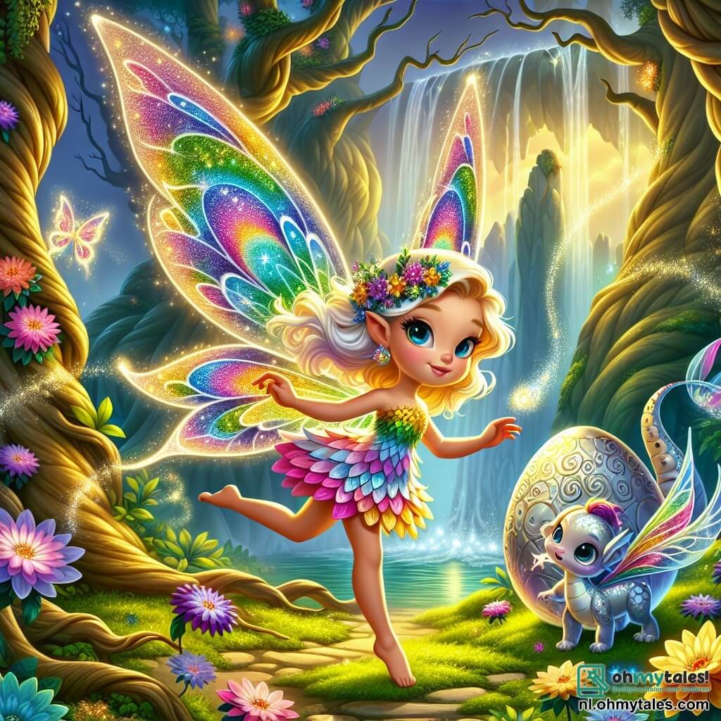 Een jonge fee genaamd Lila, met glinsterende vleugels als regenbogen, vliegt met een vastberaden glimlach op haar gezicht. Haar gouden haar zweeft om haar heen, en ze draagt een jurk van kleurrijke bloemblaadjes. Ze staat voor een groot zilveren ei dat pulseert van licht, met ogen vol verwondering.

Naast haar staat een kleine draak met zilveren schubben en sterachtige ogen, met een bezorgde uitdrukking, dicht bij het ei. Hij heeft delicate vleugels en een gracieuze lichaam, kijkt hoopvol naar Lila.

De locatie is een oude ruïne verborgen in het hart van een betoverd bos, omringd door grote bomen met knoestige stammen en heldere bloemen die in levendige kleuren bloeien. Het zonlicht filtert door het loof, waardoor dansende schaduwen op de met mos bedekte grond ontstaan.

De belangrijkste situatie toont Lila en de draak die zich voorbereiden om het magische ei te verdedigen tegen dreigende schaduwen die aan de horizon opdoemen, terwijl de magie van het bos om hen heen lijkt te trillen.