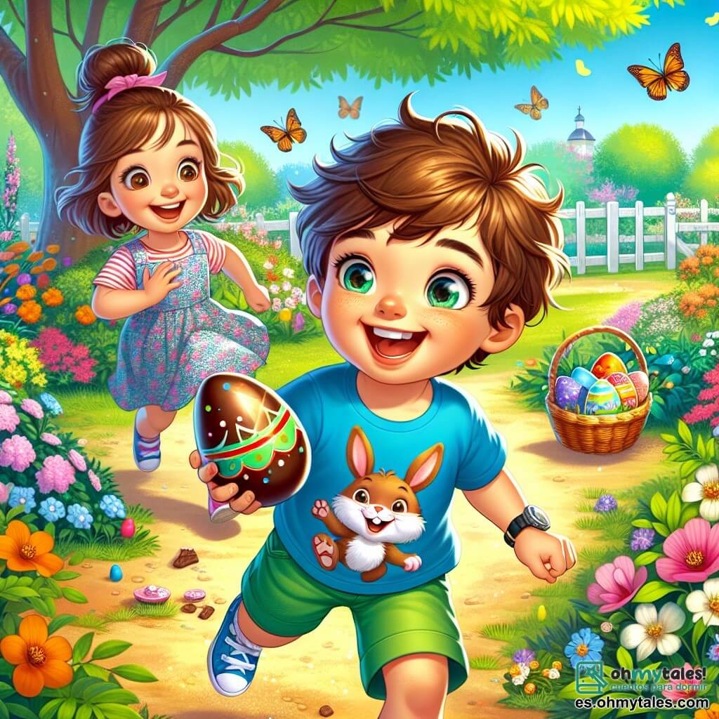Un niño de 6 años, Lucas, con pelo castaño desordenado y ojos brillantes de alegría, corre por un jardín colorido, con una gran sonrisa en su rostro. Lleva una camiseta azul con un pequeño conejo dibujado y un pantalón corto verde. En sus manos sostiene un huevo de chocolate brillante, con una mirada llena de emoción. Cerca, su mamá, una mujer de unos 30 años con cabello castaño recogido en un moño, sonríe al ver a Lucas. Ella lleva un vestido floreado y sostiene una cesta llena de huevos de Pascua decorados. El jardín es un verdadero cuadro primaveral, lleno de flores de colores vibrantes, mariposas revoloteando y un gran árbol con hojas verdes. Al fondo, un pequeño camino de grava conduce a un parque donde juegan otros niños. La escena muestra a Lucas descubriendo un huevo de chocolate escondido detrás de un arbusto florecido, con una expresión de sorpresa y felicidad en su rostro, mientras su mamá lo anima con una mirada cariñosa.