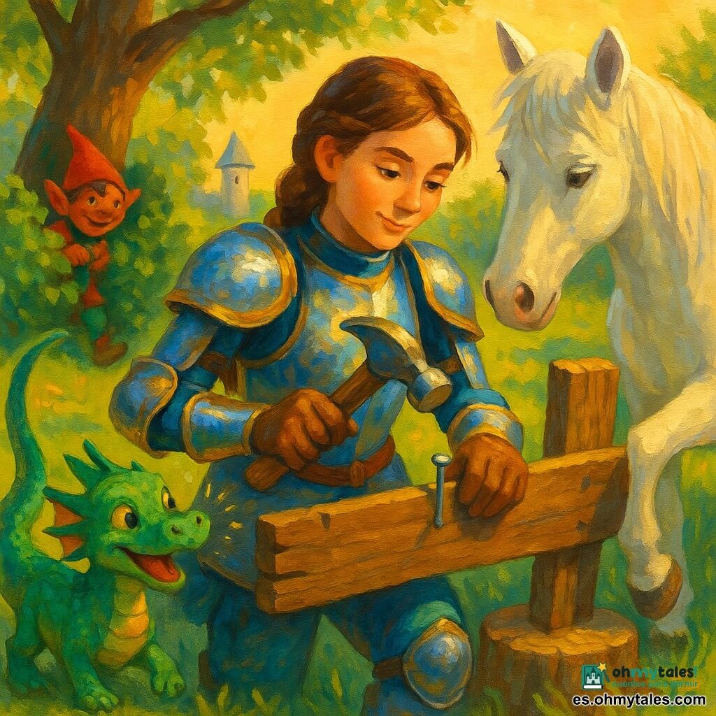 Una caballera de unos 25 años de rostro dulce y decidido, con armadura brillante azul y dorada y trenzas castañas, clava con un martillo de madera pulida un clavo de plata en una empalizada de robustas tablas de roble; a su izquierda un pequeño dragón verde del tamaño de un perro, escamas irisadas y ojos brillantes, mueve la cola sonriendo con chispas amistosas en el hocico; a la derecha la yegua blanca llamada Estrella, con crin al viento y mirada serena, olfatea la tabla con un casco levantado sobre una cepa; al fondo a la izquierda un duendecillo de unos 10 años con gorro rojo apunta divertido mientras esconde un clavo tras un arbusto junto a un gran roble; claro borde del bosque, hierba con flores amarillas y al lejos una torre de castillo con una pequeña campana de plata, escena cálida y alegre bañada por la luz dorada matinal.