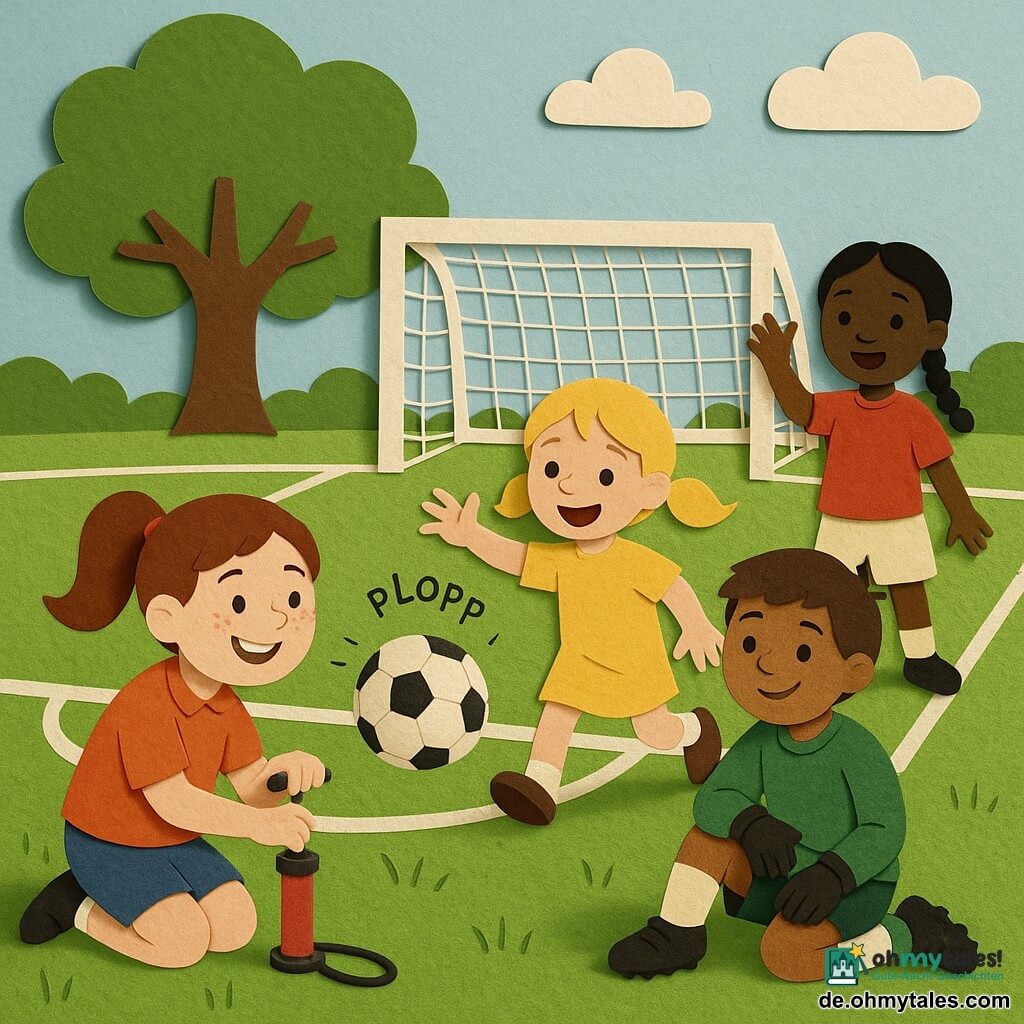 Die Hauptfigur ist Mia, ein rundes Gesicht mit Sommersprossen, braunen Pferdeschwanz, entschlossenes Lächeln; sie hockt und pumpt mit einer roten Pumpe einen Fußball leicht auf, der gerade "plopp" macht und fröhlich aus ihren Händen springt. Links steht die etwa 9-jährige Lara mit blonden Zöpfen aufgeregt und greift nach dem Ball, hinter Mia sitzt der circa 10-jährige Niklas mit kurzen kastanienbraunen Haaren in Torwartausrüstung und zu großen Handschuhen, er reibt sich das Knie und lächelt; rechts in der Ferne die etwa 10-jährige gegnerische Kapitänin Emma mit schwarzen Zöpfen, die freundlich winkt. Der Schauplatz ist ein kleiner, leuchtend grüner Fußballrasen mit weißen Linien, einem weißen Holztor, einem großen Baum im Hintergrund und hellem Morgenhimmel mit wenigen Wolken; die Szene zeigt dynamische, überzeichnete Bewegungen und kräftige Farben, die Kameradschaft und Spielfreude betonen.