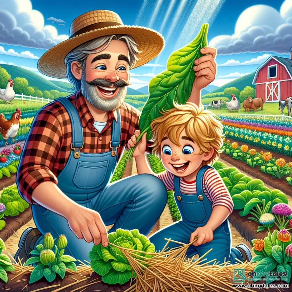 A cheerful farmer, a middle-aged man wearing a straw hat, a bright smile, and a checkered shirt, is covering delicate plants with straw to protect them from the rain. Beside him, a small boy named Timmy, around 8 years old, with messy blonde hair and wearing blue overalls, enthusiastically helps by holding a large leaf to cover the vegetables. The scene takes place in a green field on the farm, with rows of colorful vegetables, bright flowers, and a cloudy sky with glimpses of sunlight. In the background, a red barn and curious animals like cows and chickens watch the scene. The main situation shows the farmer and Timmy working together determinedly to protect the plants from the approaching storm, illustrating the spirit of cooperation and care in farm life.