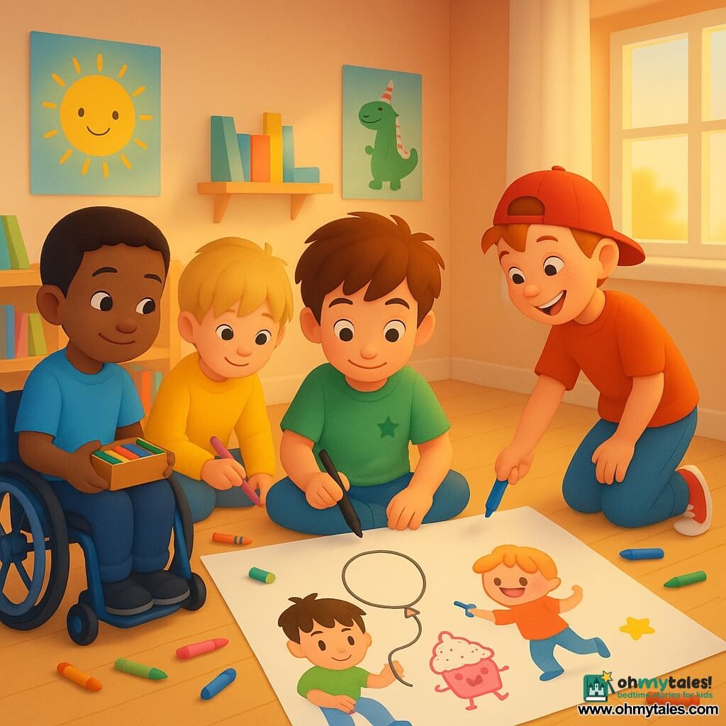 There are four children: Milo, boy, 9, tousled brown hair, green T‑shirt with a small star, sitting center on the light wooden floor holding a black marker and drawing a balloon; Jasper, boy, 8, red hair with freckles, red cap worn backward, standing to Milo’s right tapping the paper with a blue marker and grinning mischievously; Theo, boy, 9, blond hair with bangs, wearing a yellow sweater, sitting to Milo’s left drawing a dancing cupcake with a pink pencil; Ben, boy, 9, short black hair, in a wheelchair with bright blue rims placed to steady the paper, holding a box of crayons and watching the others with a calm smile. They are in a sunny child’s bedroom with colorful posters, a low shelf of books, an open window letting in warm morning light and scattered crayons and erasers. The four are gathered in a circle around a large sheet preparing a birthday card and decorations, each drawing an element (balloon, sun with a hat, cupcake, task list), warm focused atmosphere, bright colors and clear lines.