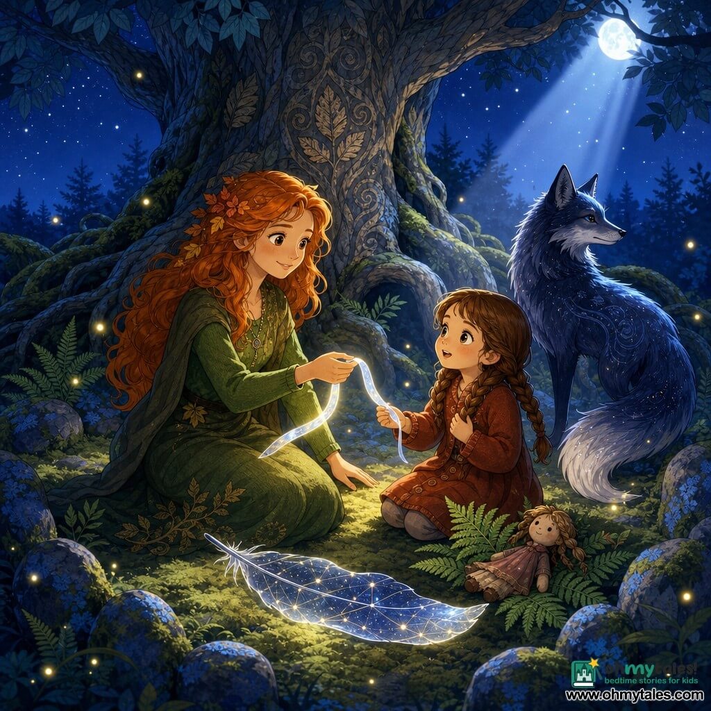 A smiling, serene woman (Elara) with autumn-leaf colored hair and a green wool dress holds a thin ribbon of moonlight in her right hand; her face is gentle, eyes bright and calm, posture open and consoling. A six-year-old girl with chestnut hair in two braids and a rust-colored coat sits beside her, holding a small recovered rag doll, looking relieved and awed. A twilight fox of blue shadows and silver fur leaves a shining feather like a star map at their feet and stands slightly back facing the clearing. An ancient elm dominates the center, wide trunk with leaflike carved letters and roots spiraling around a circle of low stones; a silver moonbeam casts crisp shapes. The scene is a nocturnal clearing carpeted with pale green moss and ferns, floating yellow fireflies, lichen-covered stones and an indigo starry sky, calm and magical. The main moment: Elara gently gives the moon ribbon to the girl while the fox watches and the doll rests on a fern; centered composition with directional moonlight, warm colors on the figures contrasting the cool blues of the woods.