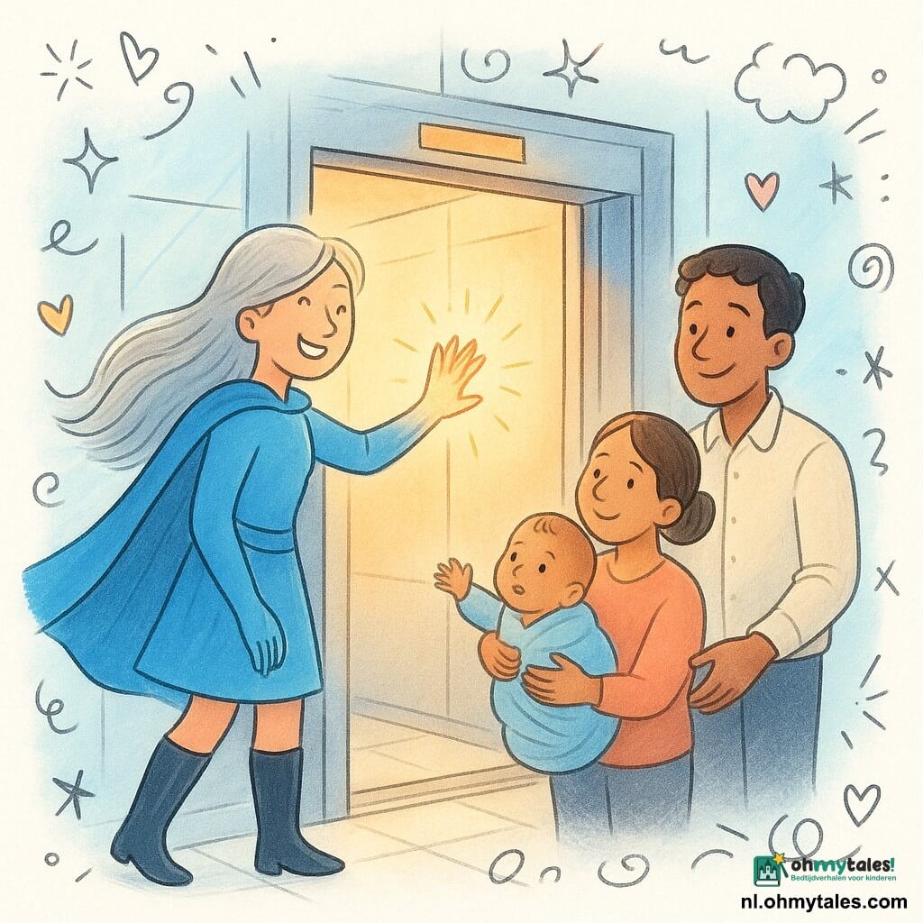 Een grote, goedmoedige heldin met lang zilverachtig haar dat zweeft, een glanzende blauwe cape en laklaarzen legt een lichtgevende hand op de metalen liftdeur om die zacht te openen; een opgeluchte man van circa 35 houdt haar hand vast en kijkt dankbaar naar Zenya, een vrouw van circa 33 met opgestoken haar wiegt in de deuropening een eenjarige jongen in een deken en glimlacht huilend van blijdschap terwijl de baby nieuwsgierig naar het zachte licht reikt; moderne lobby met glas en gepolijst metaal, lichte tegels en glimmende liftknoppen, lift tussen twee verdiepingen met een smal oranje licht, zachte reddende sfeer in kinderachtige illustratieve stijl met ronde vormen en warme pasteltinten (lichtblauw, zilver, warm geel, zachtroze).
