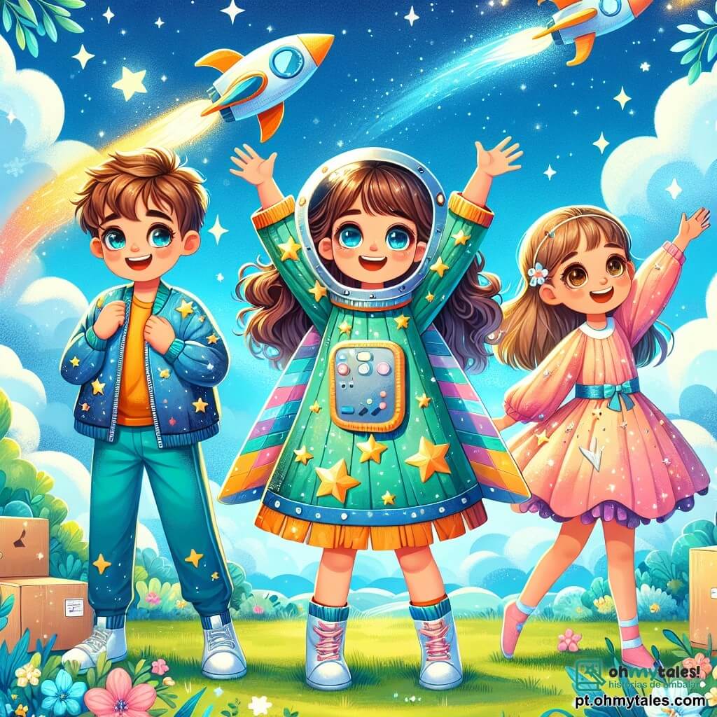 No primeiro plano, Luna, uma menina de 10 anos com cabelos cacheados e castanhos, usa um traje espacial colorido de papel, com um grande sorriso de empolgação no rosto. Ela está fazendo um gesto de decolagem, levantando os braços para o céu, como se estivesse prestes a voar para as estrelas. Ao lado dela, Pedro, um menino de 9 anos com cabelos curtos e loiros, olha para Luna com admiração, também vestindo um traje espacial de papel. Ele segura um pequeno modelo de foguete nas mãos, com os olhos brilhando de entusiasmo. Clara, uma menina de 10 anos com cabelos longos e lisos, está fazendo uma pirueta, vestida com um traje de papel decorado com desenhos de estrelas, adicionando um toque de magia à cena. O cenário se passa em um parque verdejante, com um grande céu azul salpicado de nuvens brancas e um grande foguete falso de papelão no centro, cercado por árvores e flores coloridas. Crianças brincam ao redor, criando uma atmosfera alegre e dinâmica. A situação principal mostra Luna e seus amigos em plena simulação de missão espacial, correndo ao redor do foguete de papelão, imaginando que estão voando para o espaço, cheios de sonhos e aventuras interestelares.