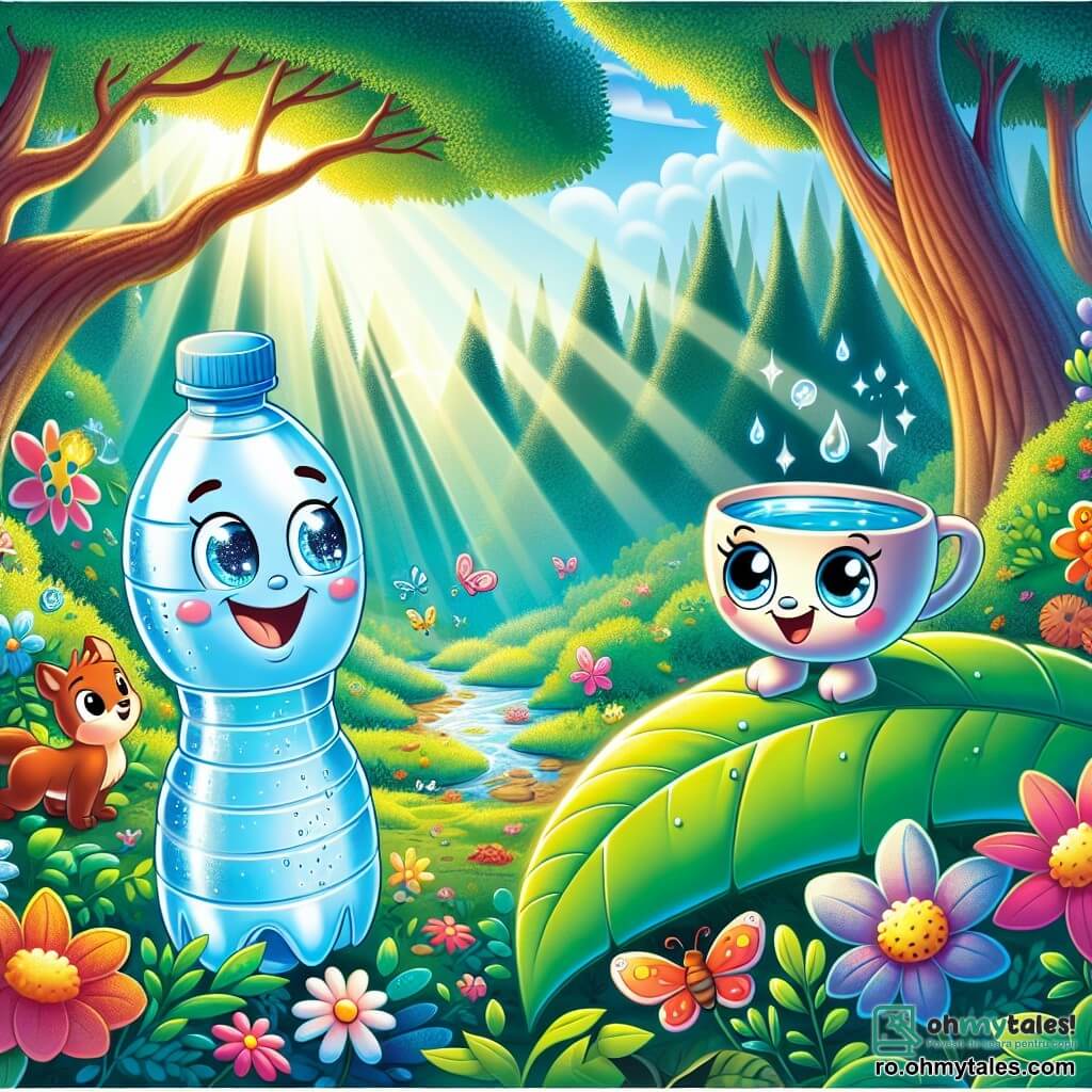 Aqua, o mică sticlă de apă zâmbitoare cu ochi strălucitori și un corp transparent, stă pe o frunză mare verde, cu brațele ridicate de bucurie, admirând frumusețea pădurii. Lângă ea, Canița, o adorabilă cană din ceramică cu obrașe roz și un zâmbet călduros, privește cu uimire florile colorate din jur, stând ușor în spate, plină de entuziasm. În fundal, pădurea este luxuriantă, cu copaci majestuoși și trunchiuri groase, raze de soare filtrându-se prin frunziș, și flori strălucitoare de toate culorile dansând în bătaia vântului. Situația principală arată cum Aqua și Canița explorează pădurea fermecată, pregătite să trăiască o aventură magică, înconjurate de animale curioase care le observă cu ochi strălucitori de curiozitate.