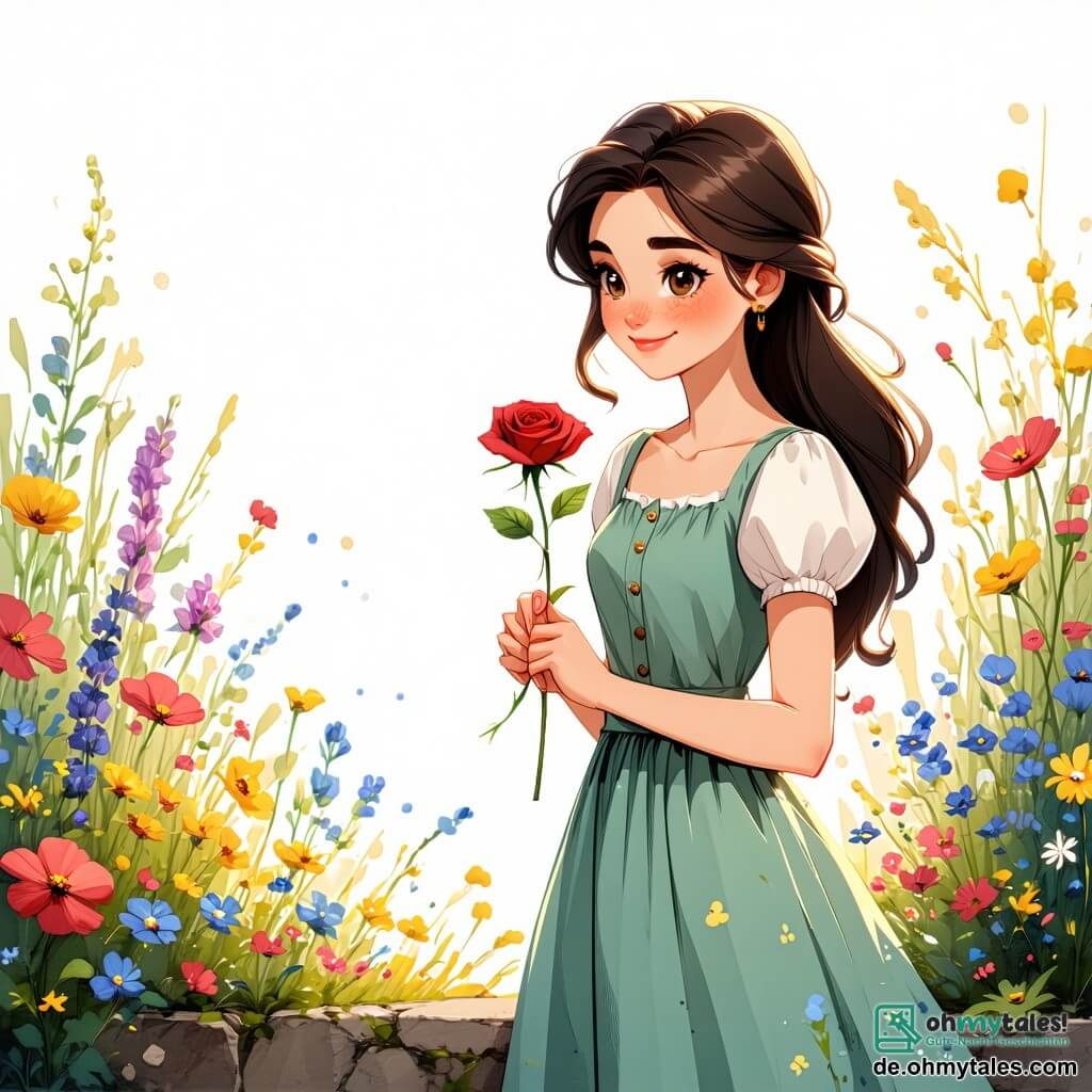 Emilia, eine etwa 20-jährige Frau, steht am Rand eines wunderschönen Gartens voller bunter Blumen. Sie hat lange braune Haare, die sanft über ihre Schultern fallen, und ihre strahlenden Augen spiegeln Entschlossenheit und tiefe Freude wider. Sie trägt ein leichtes grünes Baumwollkleid mit floralen Mustern und hält zärtlich eine rote Rose in ihren Händen, ein strahlendes Lächeln auf ihrem Gesicht. Neben ihr schwebt Lysia, eine kleine Fee mit glitzernden Flügeln. Sie ist etwa 10 Jahre alt, hat goldene Haare und schelmische Augen. Sie trägt ein Kleid aus Blütenblättern und lächelt Emilia an, um sie in ihrer Mission zu ermutigen. Der Garten ist ein bezaubernder Ort, gefüllt mit strahlenden Rosen, duftendem Flieder und großen majestätischen Bäumen mit glänzenden Blättern. Ein sanfter Sonnenstrahl filtert durch die Äste und taucht die Szene in goldenes Licht. Emilia bereitet sich darauf vor, die rote Rose, ein Symbol der Liebe, zu pflücken, um ihre Mission zur Rettung des Feenkönigs zu erfüllen. Die Atmosphäre ist magisch, erfüllt von Hoffnung und Abenteuer, während sie sich darauf vorbereitet, die bevorstehenden Herausforderungen zu meistern.