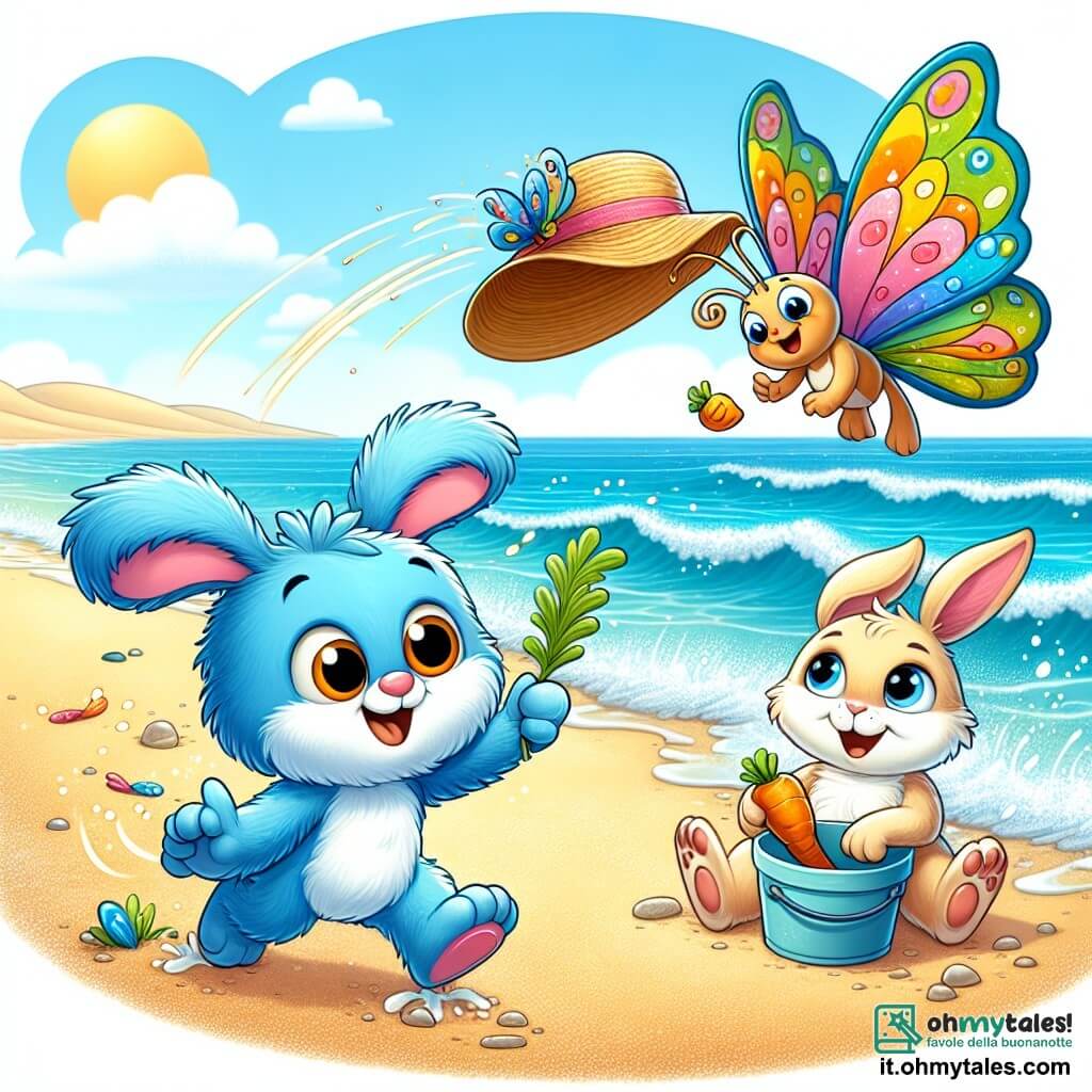 Un piccolo essere blu con un grande naso rosa e una coda riccioluta, sorridente, sta correndo sulla spiaggia con le braccia aperte, inseguendo il suo cappello che vola via nel vento. Accanto a lui, una bellissima farfalla dalle ali multicolori vola in cerchi, ridendo e incoraggiandolo a prendere il cappello. Un adorabile coniglio dalle grandi orecchie e dal pelo morbido come il cotone, seduto sulla sabbia, osserva la scena sorridendo, tenendo una carota tra le zampe anteriori, pronto ad aiutare i suoi amici. La scena si svolge su una spiaggia soleggiata, con sabbia dorata che scintilla sotto il sole e onde dolci che lambiscono la riva. In questa situazione divertente, il piccolo essere blu cerca di riprendere il cappello che vola via, mentre i suoi amici lo incoraggiano e si divertono insieme, creando un'atmosfera gioiosa e giocosa.