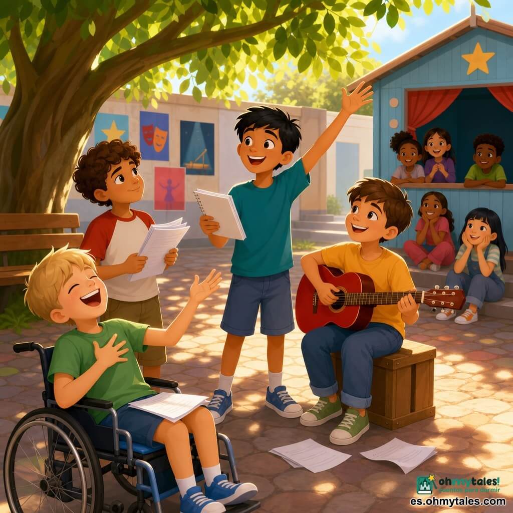 Hay cuatro niños: Miguel, niño de 10 años, pelo negro corto y gran sonrisa, de pie al centro dirigiendo con un brazo levantado y un pequeño cuaderno; Pablo, niño de 10 años, pelo castaño rizado, a la izquierda de Miguel con un guion doblado y aire creativo; Nico, niño de 10 años, pelo castaño liso, a la derecha sentado en una caja con una guitarra acústica roja; y Lucas, niño de 10 años, rubio, en silla de ruedas delante del grupo imitando una réplica cómica; están en el patio de recreo bajo un gran árbol con raíces visibles y hojas verdes, suelo de adoquines cálidos, un banco de madera y un pequeño teatro azul claro al fondo; ensayan un espectáculo de talentos durante el recreo, con guiones esparcidos, rayos de sol filtrándose entre las hojas y una atmósfera alegre y colores vivos.