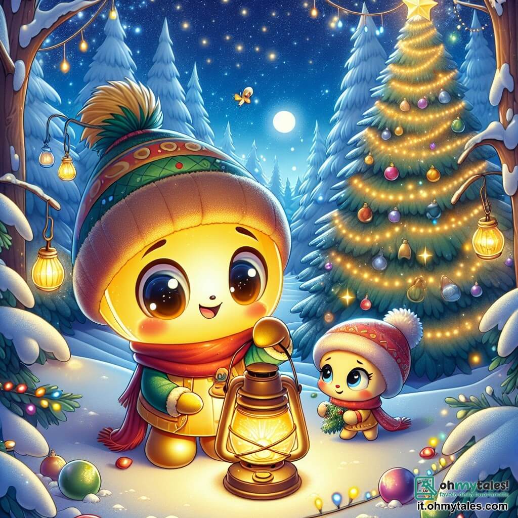 Un piccolo lampione di nome Blinky, con una luce dorata brillante e un volto sorridente, si trova al centro della scena, con gli occhi scintillanti di eccitazione mentre decora un grande albero di Natale. Accanto a lui, sua sorella Flick, un lampione più piccolo con una luce tenue e un'espressione timida, lo osserva con ammirazione, tenendo una ghirlanda colorata nelle sue piccole "zampe". Il contesto è un magnifico bosco innevato, con alberi maestosi coperti di neve scintillante e stelle brillanti in un cielo notturno. Fiocchi di neve cadono dolcemente attorno a loro, aggiungendo un tocco magico all'atmosfera. Blinky e Flick stanno preparando una sorpresa di Natale, circondati da decorazioni scintillanti, mentre una dolce melodia di canti natalizi aleggia nell'aria, creando un'atmosfera calda e festosa.