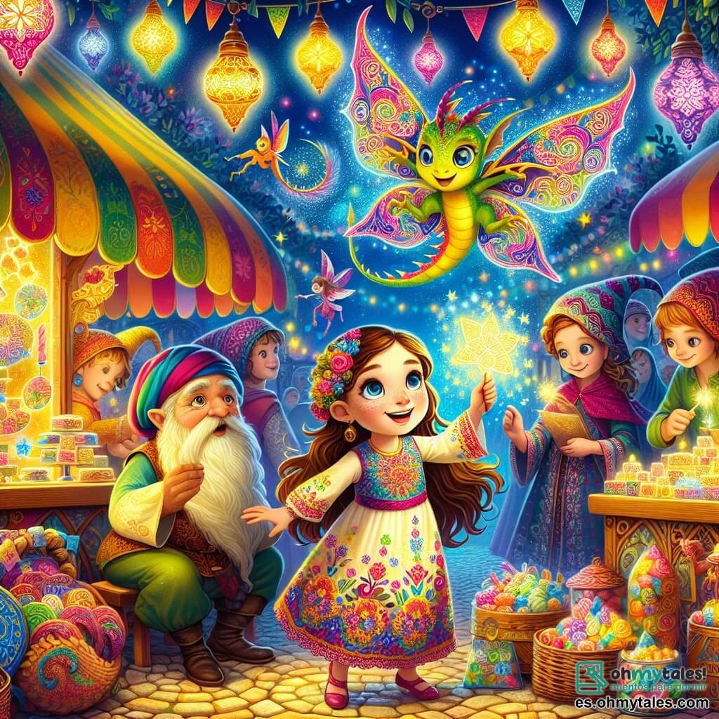 Una niña de 8 años, Clara, con largos cabellos castaños y ojos brillantes de curiosidad, se encuentra en el centro de la imagen, sonriendo radiante. Lleva un vestido colorido con motivos florales y sostiene un viejo pergamino en sus manos, con los ojos llenos de emoción. A su lado, un pequeño dragón con alas de mariposa, llamado Pipo, revolotea alegremente, mostrando escamas brillantes y una actitud traviesa. En el fondo, un viejo gnomo con barba verde observa a Clara con una sonrisa amable, mientras un grupo de criaturas fantásticas, como hadas y duendes, se reúne a su alrededor, riendo y compartiendo dulces. El lugar es el Mercado de los Encantamientos, un sitio vibrante y mágico, lleno de coloridos puestos, luces brillantes y olores dulces. Clara y Pipo descubren un viejo pergamino que brilla misteriosamente, rodeados de criaturas encantadas, listos para una nueva aventura llena de magia y risas.