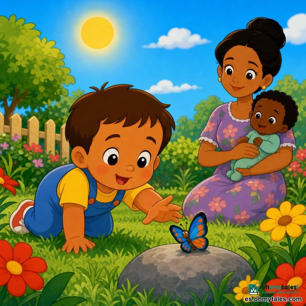 Un niño de 2 años, rostro redondo y mejillas rosadas, cabello castaño corto, mirada asombrada y sonrisa dulce, gatea y extiende la mano hacia una pequeña mariposa de alas azules y naranjas posada en una piedra gris. Al fondo a la derecha, la madre, unos 30 años, cabello recogido en moño y vestido simple de flores, lo sostiene y sonríe. Jardín soleado con césped verde, flores rojas y amarillas, una piedra lisa y cielo azul con sol cálido. Escena sencilla y dulce, tonos saturados, contornos nítidos y formas redondeadas, estilo de animación infantil y reconfortante.