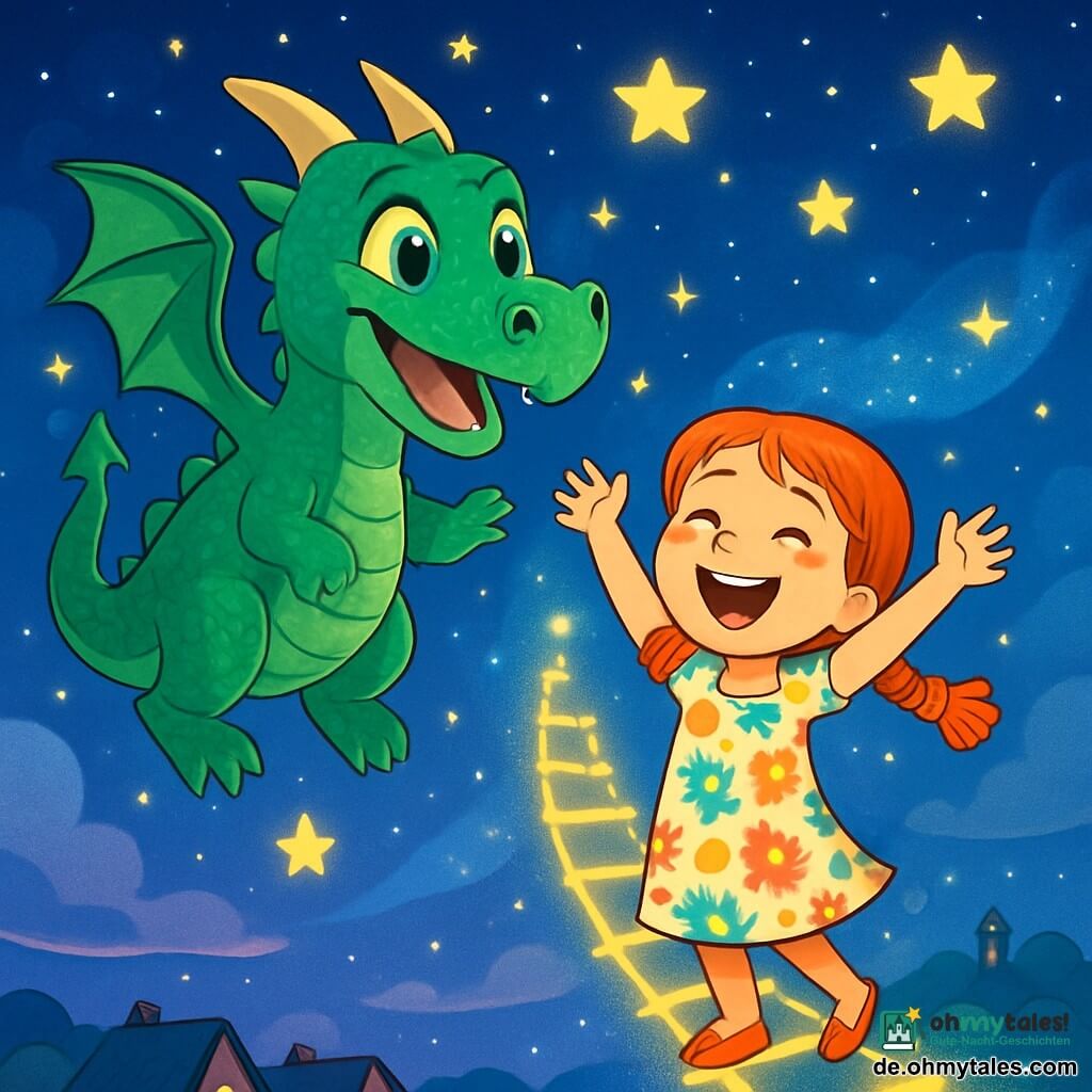 Ein majestätischer Drache mit schimmernden, smaragdgrünen Schuppen und strahlenden, ausdrucksvollen Augen schwebt fröhlich im sternenübersäten Himmel. Sein breites Lächeln zeigt seine Freude und Begeisterung, während er über ein wunderschönes Lichtgitter fliegt. Neben ihm steht ein 8-jähriges Mädchen namens Luna, mit roten Zöpfen und Sommersprossen, die lachend die Arme hebt, begeistert von der Schönheit der Sterne. Sie trägt ein leichtes Kleid mit bunten Blumenmustern und steht auf einer Stufe der funkelnden Lichtleiter, die zu den Sternen führt. Die Szenerie ist ein nächtlicher Himmel voller leuchtender Sterne, mit einer großen Milchstraße am Horizont und einem sanften Wind, der die Wolken tanzen lässt. Unten sieht man ein schlafendes Dorf mit Häusern mit schrägen Dächern und gedämpften Lichtern. Die Hauptsituation zeigt den Drachen und Luna, die neue Sternbilder benennen, umgeben von kleinen, leuchtenden Funken, die um sie tanzen und eine magische, fröhliche Atmosphäre schaffen.