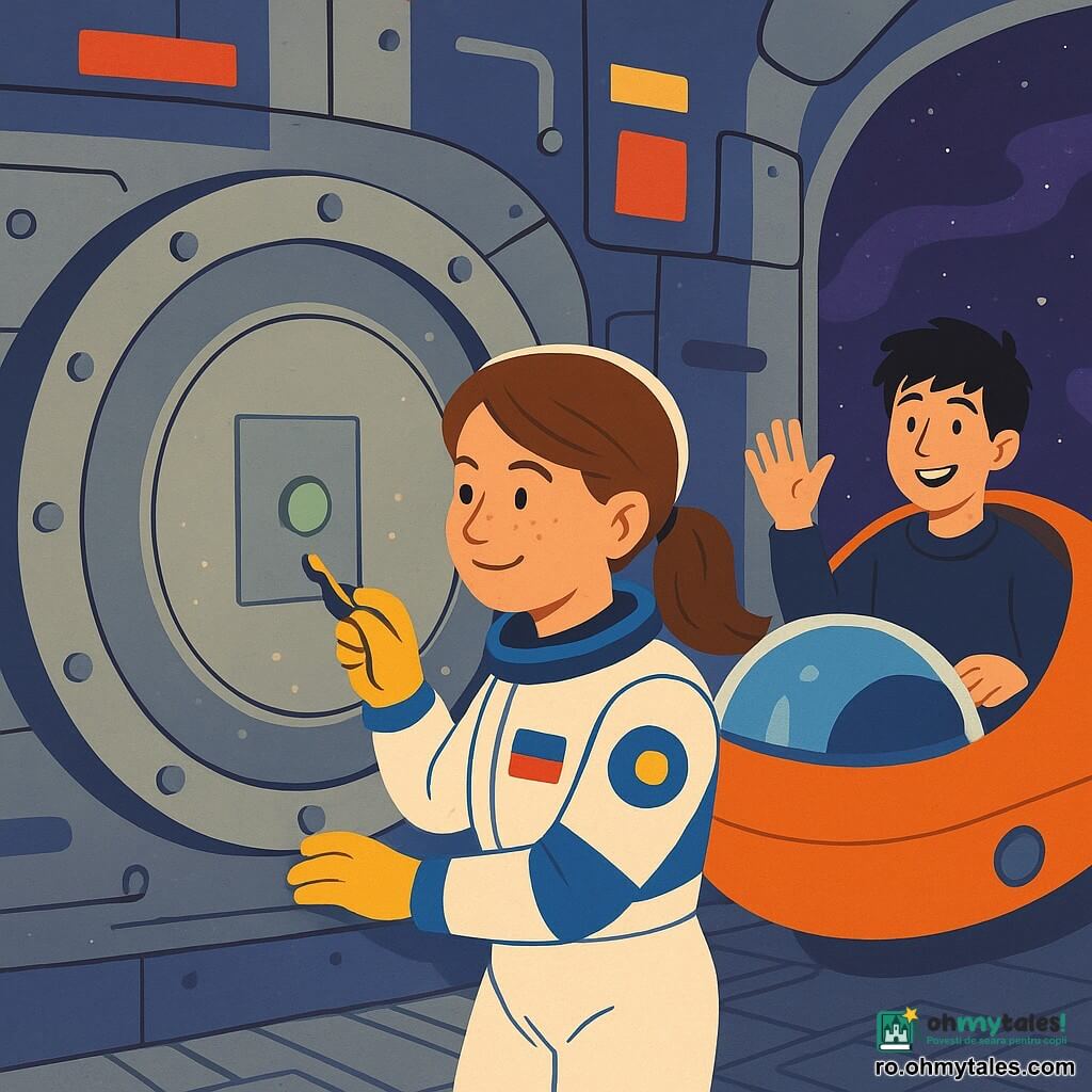 O femeie astronaut, zâmbitoare și concentrată, față rotundă cu pistrui, păr castaniu prins în coadă, costum spațial alb și albastru cu embleme colorate, ține o șurubelniță mică aurie și ajustează o lumină indicator verde pal pe o mare ușă metalică; un băiat pilot de aproximativ 17 ani, păr negru zburlit și zâmbet ușurat, stă puțin retras într-o mică capsulă portocalie rotundă și lucioasă și îi face cu mâna în semn de mulțumire; locul este o mare bayă rotundă a unei stații spațiale cu pereți argintii texturizați, panouri luminoase dreptunghiulare roșii, albastre și galbene, țevi și piulițe vizibile, podea metalică cu modele geometrice și ferestre spre un cer stelar violet cu benzi de nebuloasă; scena principală arată femeia reparând un indicator care clipește pe sas în timp ce ghidează lent capsula portocalie la ancorare, o barieră magnetică translucidă bleu pâle sclipind în jurul sasului și particule aurii de praf cosmic ricoșând de scut; stil grafic: forme simple, culori vii în aplau, contururi clare, texturi ușoare, atmosferă liniștitoare și eroică, compoziție clară centrată pe ușa de andocare și cei doi protagoniști.