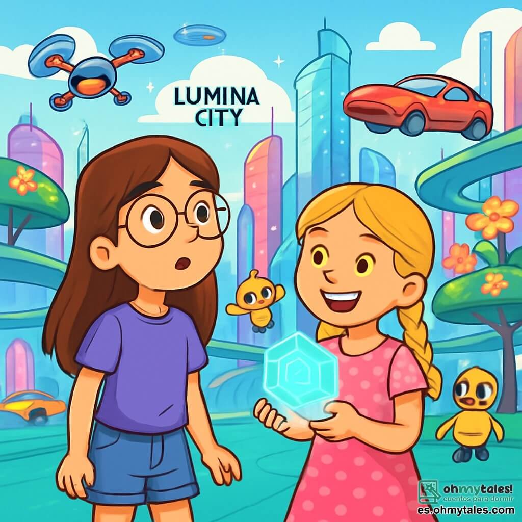 Hay 2 personajes principales: - Valentina: una niña de 10 años, con largos cabellos castaños y gafas redondas. Lleva una camiseta violeta y un short de mezclilla. Mira a su alrededor con asombro, de pie a la izquierda. - Lucía: una niña de 10 años, con trenzas rubias y una sonrisa radiante. Viste un vestido rosa con lunares y sostiene un holograma en sus manos, de pie a la derecha de Valentina. La situación principal tiene lugar en Lumina City, una metrópoli futurista con edificios de vidrio brillante que cambian de color. Calles flotantes se extienden bajo un cielo azul salpicado de nubes ligeras, mientras robots amigables se mueven a su alrededor. Parques colgantes, llenos de flores luminosas, añaden un toque de magia a esta increíble ciudad. La historia muestra a Valentina y Lucía, asombradas, descubriendo una puerta secreta que las ha transportado a esta ciudad futurista. Intercambian miradas fascinadas, rodeadas de drones coloridos y vehículos flotantes, listas para explorar este mundo extraordinario.
