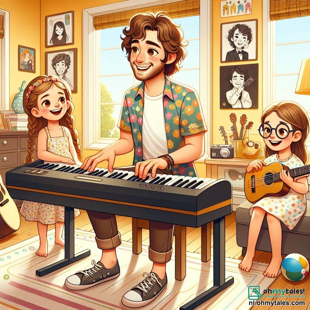 Een glimlachende man, genaamd Tom, zit voor een piano in een zonnige woonkamer. Hij heeft licht krullend bruin haar, draagt een kleurrijk shirt en een casual broek. Zijn ogen stralen van vreugde terwijl hij vrolijke noten speelt, zijn rechterhand danst over de witte en zwarte toetsen. Naast hem kijkt een 8-jarig meisje, Emma, met lange vlechten vol verwondering. Ze draagt een bloemenjurk en houdt een kleine gitaar vast, klaar om hem te begeleiden. Een 7-jarig jongen, Max, met een stralende glimlach en een bril, zit op de grond te spelen met een bal, ongeduldig om mee te doen met de muziek. De ruimte is een warme woonkamer, vol natuurlijk licht, met pastelgele muren en posters van muzikanten. Muziekinstrumenten zijn verspreid over de ruimte, wat een vrolijke en creatieve sfeer creëert. De hoofdscène toont Tom die de kinderen muziek leert. Ze lachen en hebben plezier samen, terwijl ze een vrolijke melodie creëren die door de kamer galmt, vol energie en geluk.