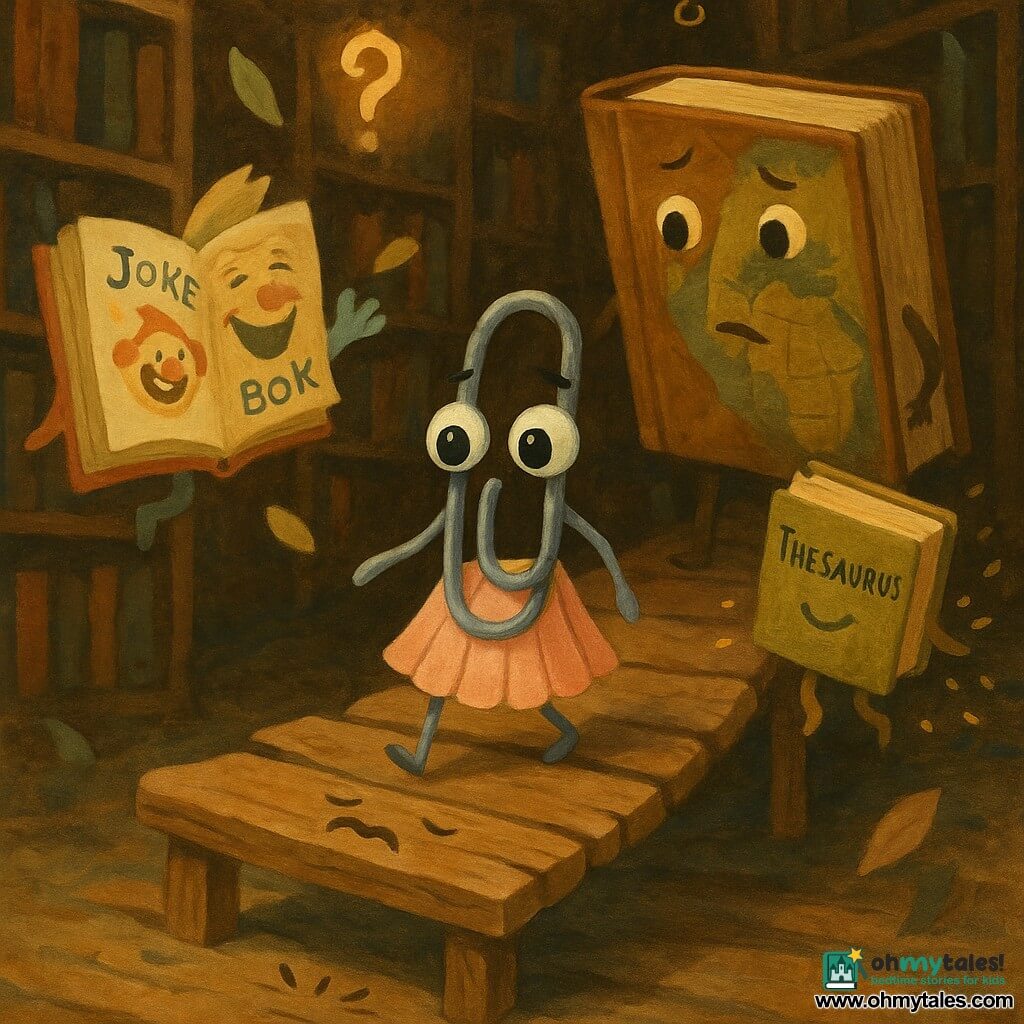 Pip is a small animated silver paperclip, slightly bent, with large round expressive eyes, focused and brave, wearing a pastel felt bookmark skirt and cautiously crossing a creaky wooden bridge with cracked planks and a drawn grumpy mouth, a silent vibration under Pip’s steps; a colorful Joke Book lies open on a table to the left, laughing silently and waving a page like a hand; a huge leather-bound Atlas stands on a shelf behind, worried but curious and slightly bending its cover as if encouraging; a smaller Thesaurus with gilded pages smiles gently and floats near the bridge, offering invisible words like confetti; the library is a maze of tall dark wood shelves, question-mark lanterns hanging and bookmarks floating like leaves, warm amber lighting and dancing dust; the scene shows Pip delivering silence as he walks slowly, the felt skirt muffling creaks, calm tender mood, contrast between the bridge’s potential noise and a bubble of silence around the hero; gouache style with visible textures, soft brushstrokes, warm palette of browns, ochres, soft greens and pastels, delicate contrasts, centered narrative composition.