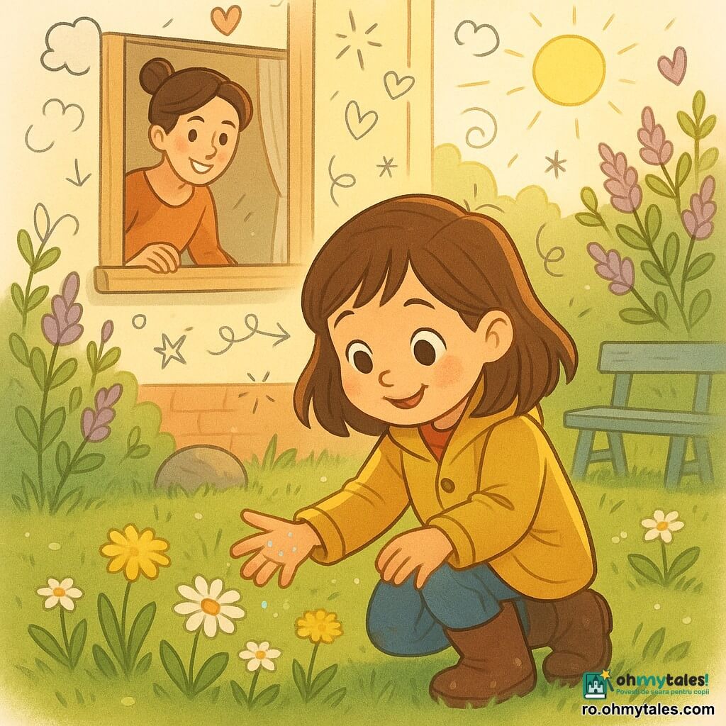 O fată de 6 ani, fericită și curioasă, cu părul șaten până la umeri și ochi mari și strălucitori, stă în genunchi în iarba umedă atingând ușor margarete și mici păpădii galbene; poartă un palton ușor muștar, blugi și ghete noroioase, cu mâinile ușor ude de rouă. În spatele ei, la fereastra casei, o femeie adultă (mama, circa 32–35 ani), zâmbitoare și binevoitoare, cu părul brun prins în coc, sprijină mâna de pervaz și privește cu tandrețe. Grădina e un spațiu familial de primăvară: gazon verde cu fire umede, tufărișuri de liliac în muguri, o piatră rotundă mică, o bancă veche din lemn vopsită în albastru șters și un soare blând jos pe cer; scena o arată pe fată descoperind primele flori de primăvară, înconjurată de lumină aurie, cu schițe de aripi de fluture, stelute mici și nori ușori suprapuse.
