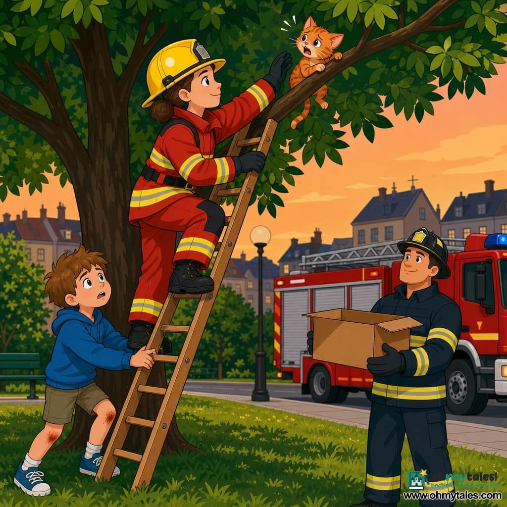 Female firefighter in her 30s with fair skin and brown hair in a bun, calm smiling face, wearing a shiny yellow helmet and red-and-yellow reflective jacket, carefully climbing a small wooden ladder propped against a branch to rescue a thin orange tabby kitten mewling and clutching a twig; nine-year-old boy Tom with messy hair and scraped knees holds the ladder base at the front left with a worried, awed expression, while a solid-built male firefighter near a red fire truck at the park edge holds a cardboard box ready to receive the kitten; small urban park at dusk with green grass, dark green leaves, an unlit round lamp, gray sidewalk and soft orange sky; warm reassuring rescue scene, focused composition, saturated colors, clear outlines and flat shadows, child-friendly.