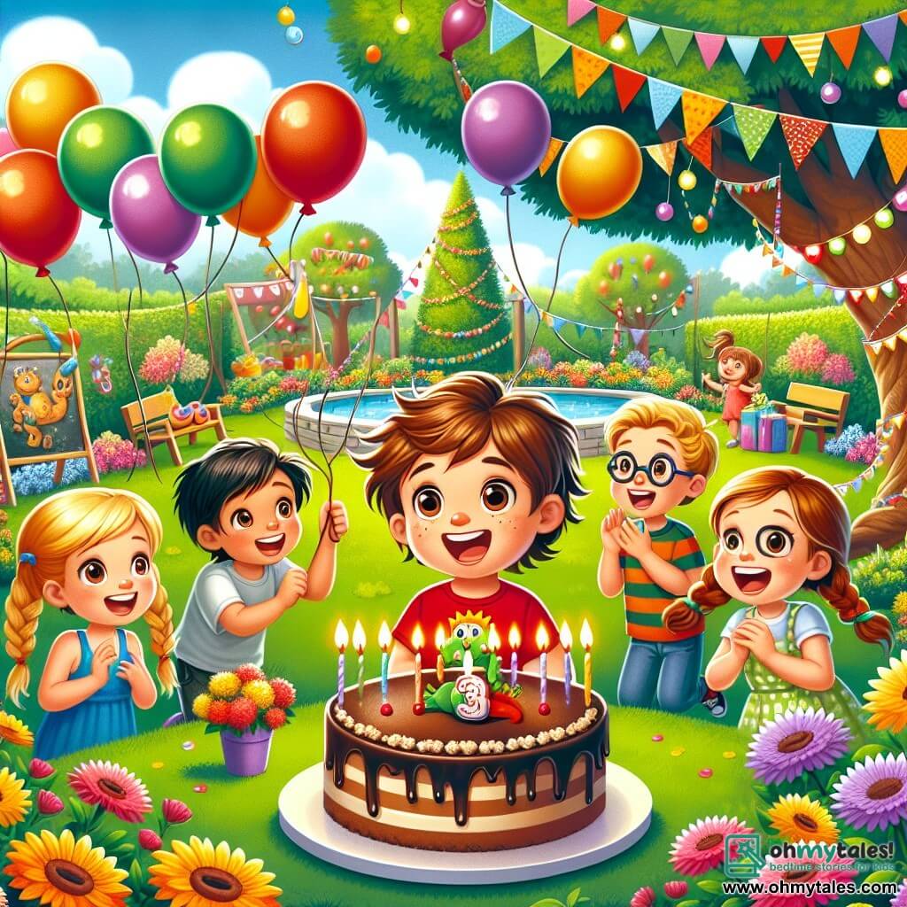 In a colorful garden, a six-year-old boy named Timmy is at the center of the image. He has messy brown hair and is wearing a red t-shirt with a small dinosaur on it. To his right, his best friend Lily, a six-year-old girl with braided blonde hair, smiles while holding colorful balloons. On the left, Max, a six-year-old boy with glasses and black hair, laughs while holding a large chocolate cake with candles. The garden is filled with bright flowers, colorful paper garlands hanging from the trees, and a large majestic tree in the background. Games like a ring toss and a treasure hunt course are visible, adding joy to the festive atmosphere. The main scene shows Timmy surrounded by his friends, ready to blow out the candles on his birthday cake, with laughter and radiant smiles, capturing the spirit of celebration and friendship.