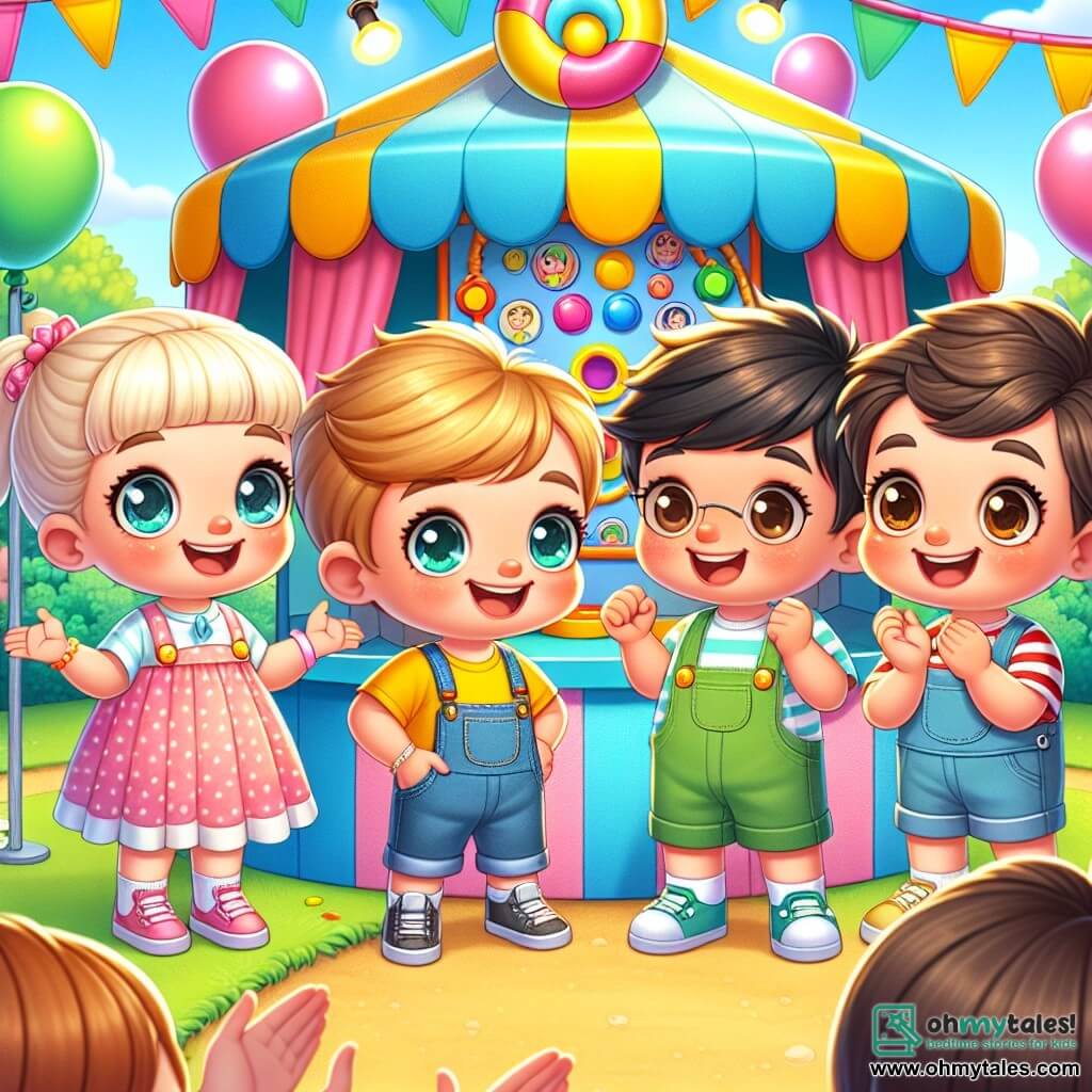 In a cheerful school park, four friends stand together around a colorful game booth. Lily, a 3-year-old girl with long blonde hair and sparkling eyes, wears a pink polka dot dress and smiles as she encourages her friends. Tom, a 3-year-old boy with messy brown hair and brown eyes, wears a blue t-shirt and green shorts, looking a bit shy with his hands in his pockets. Ben, a 3-year-old boy with black hair and round glasses, wears a red plaid shirt and beige pants, joyfully raising his arms while laughing. Mia, a 3-year-old girl with brown hair in a small ponytail, wears a denim overall and a yellow t-shirt, clapping enthusiastically. The park is filled with colorful balloons floating in the blue sky, with game booths decorated with garlands. The children play and laugh while parents watch them with smiles. In the center of the image, the friends gather around the "Ring Toss" game. Tom looks a bit sad as he realizes he lied about his score. His friends encourage him with warm smiles, highlighting the importance of honesty and friendship.