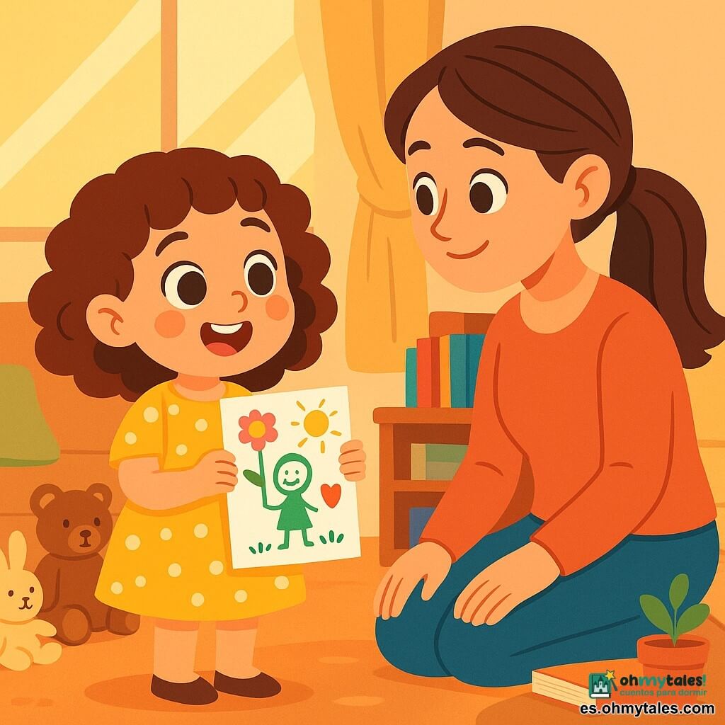 Una niña de 4 años, con grandes ojos brillantes y cabello rizado, está en el centro de la escena. Sonríe con entusiasmo, sus mejillas rosas revelando su emoción. Lleva un vestido amarillo con lunares y sostiene una tarjeta hecha a mano, decorada con dibujos coloridos. A su lado, su mamá, una mujer de unos 30 años con cabello largo y liso recogido en una coleta, sonríe tiernamente, arrodillada para estar a la altura de su hija, con una mirada llena de amor y orgullo. La escena transcurre en una sala acogedora, iluminada suavemente, con cojines de colores esparcidos por el suelo y una gran ventana que deja entrar rayos de sol dorados. Un rincón de lectura está decorado con libros de cubiertas brillantes y una pequeña taza sobre una mesa baja. La situación principal muestra a la niña presentando orgullosamente su rincón de lectura a su mamá, rodeada de peluches y libros, mientras una pequeña planta está delicadamente colocada a su lado, añadiendo un toque de verde a la alegre atmósfera.