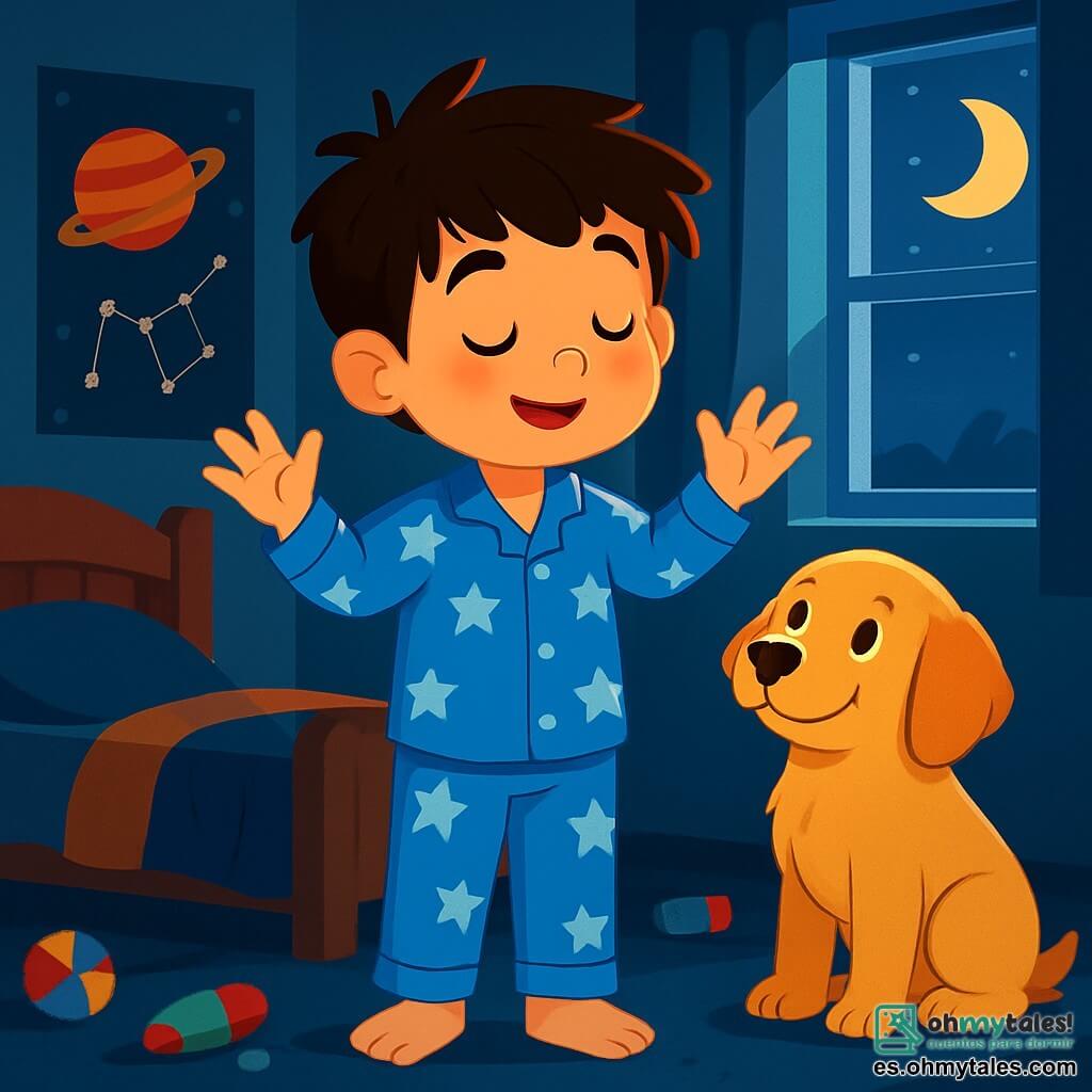 Un niño de 8 años, Lucas, con el cabello castaño desordenado y ojos llenos de curiosidad, está de pie en su oscura habitación, con una ligera sonrisa que muestra su emoción y un poco de nerviosismo. Lleva un pijama azul con estrellas blancas y tiene las manos levantadas como si estuviera listo para explorar lo desconocido. A su lado, su fiel perro Max, un golden retriever de pelaje dorado y ojos tiernos, lo mira con una expresión alentadora, como si estuviera listo para acompañarlo en esta aventura nocturna. La habitación está decorada con pósters de planetas y constelaciones, juguetes esparcidos por el suelo y una ventana que deja pasar la luz de la luna, creando sombras danzantes en las paredes. La situación principal muestra a Lucas, en la oscuridad, cerrando los ojos e imaginando que es un astronauta flotando en el espacio, rodeado de estrellas brillantes y planetas coloridos, transformando su miedo a la oscuridad en una maravillosa aventura.