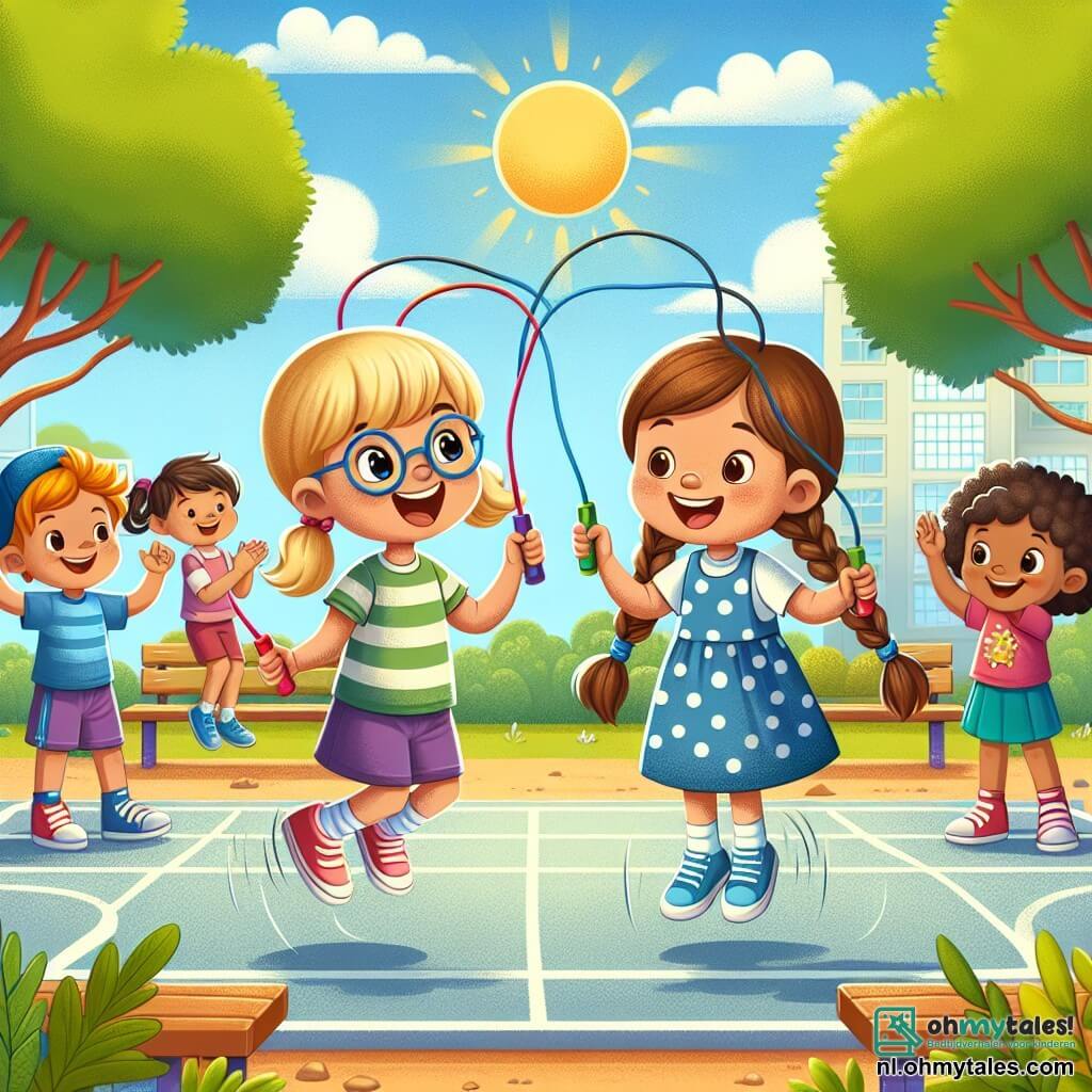 In een zonnige schoolyard lacht Lotte, een 8-jarig meisje met blond haar en twee staartjes, vrolijk terwijl ze een springtouw vasthoudt. Naast haar kijkt Sara, een 7-jarig meisje met lange bruine vlechten en een blauwe jurk met witte stippen, enthousiast toe, klaar om te springen. Emma, een ander 8-jarig meisje met kastanjebruin haar en een bril, applaudisseert lachend, terwijl Noor, een 7-jarig meisje met krullend haar en een kleurrijk t-shirt, Sara aanmoedigt met een grote glimlach. De speelplaats is omringd door grote groene bomen, met houten banken en kleurrijke speeltoestellen. De lucht is blauw en helder, en kinderen spelen vrolijk om hen heen. De hoofdscène toont Lotte en Sara die zich voorbereiden om touw te springen, omringd door hun vriendinnen, allemaal lachend en plezier makend samen, wat de geest van vriendschap en kameraadschap op school illustreert.