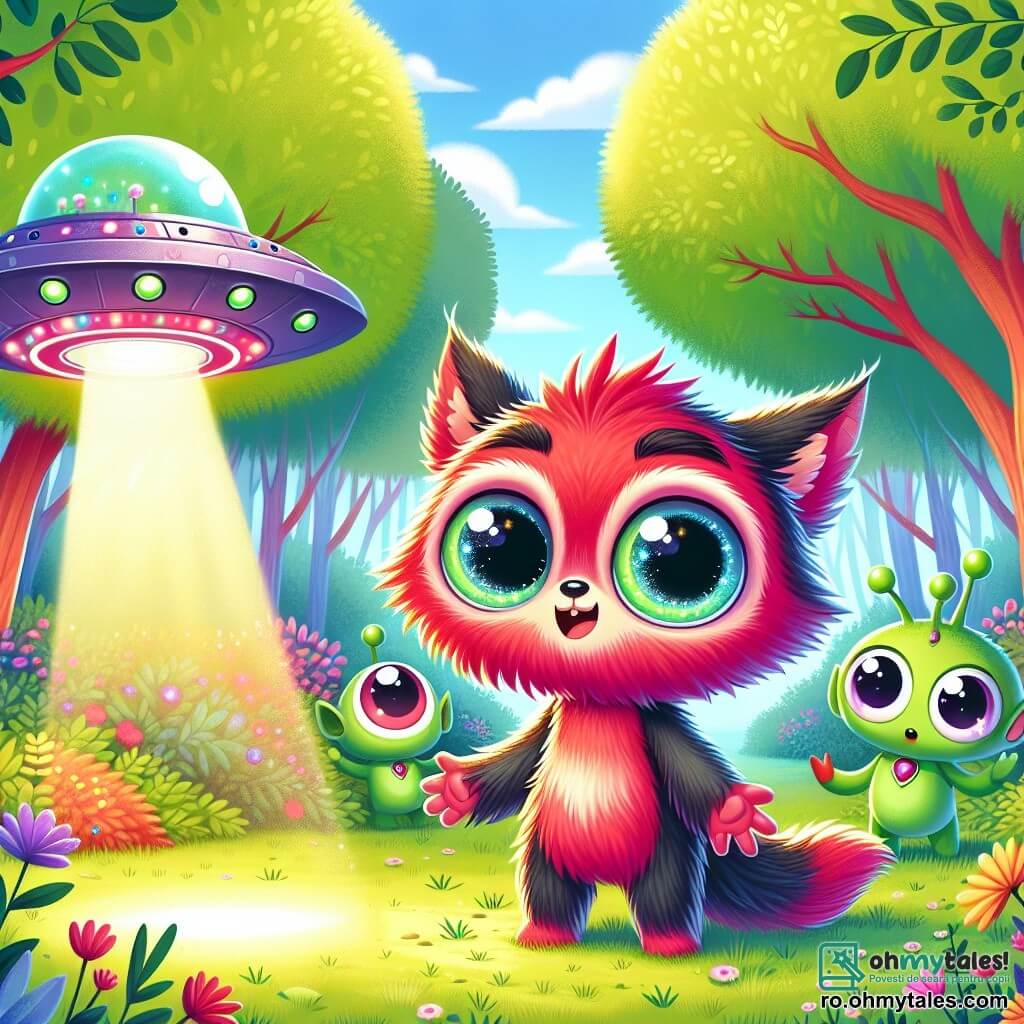 Într-o pădure verde, un vulpix curios numit Vulpii, cu blana sa roșie aprinsă și ochii mari strălucitori, privește cu uimire o mică farfurie zburătoare care tocmai a aterizat. Stă în picioare pe picioarele din spate, cu capul ușor înclinat și un zâmbet de excitație pe față. Lângă el, doi extratereștri verzi numiți Zor și Blip, cu capete rotunde și ochi uriași, afișează expresii prietenoase și curioase, Zor ținând un scanner intergalactic care proiectează imagini luminoase. Scena se desfășoară într-o poiană însorită, înconjurată de copaci măreți cu frunze strălucitoare și flori colorate care dansează în vânt. În centrul ilustrației, Vulpii și noii săi prieteni extratereștri se întâlnesc pentru prima dată, simbolizând o frumoasă prietenie intergalactică care începe.