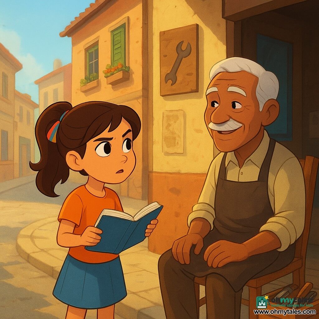 A 10-year-old girl, Maya, with brown hair tied with a colorful ribbon, has a determined and curious expression. She holds an open notebook in her hands, standing on a sidewalk. Next to her, an elderly man, Mr. Omar, about 60 years old, sits on a wooden chair in front of his repair shop, surrounded by tools and wearing a kind smile. In the background, a city street with buildings that have worn but colorful facades, windows with flower pots, and old posters. The main scene shows Maya listening attentively to Mr. Omar, surrounded by an atmosphere of calm and solidarity, with sunlight illuminating the scene and soft shadows creating patterns on the ground.