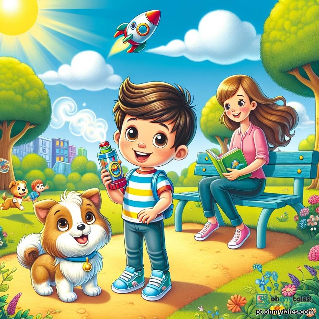 Um menino de 4 anos, Miguel, com cabelos castanhos bagunçados e olhos brilhantes de curiosidade, está em pé em um parque ensolarado, segurando um inalador colorido que parece um brinquedo de astronauta. Ele sorri amplamente, demonstrando que está pronto para a aventura. Ao seu lado, sua mãe, Ana, uma mulher doce de cerca de 30 anos com cabelos longos e castanhos, o observa com carinho, sentada em um banco, com um livro na mão. Um pequeno cachorro, Bolota, com pelagem dourada e orelhas caídas, brinca alegremente ao redor deles, adicionando dinamismo à cena. O parque está cheio de árvores verdes luxuriantes, flores coloridas e um céu azul claro, criando uma atmosfera alegre e acolhedora. Miguel, em plena exploração, se prepara para compartilhar seu sonho de ser astronauta com sua mãe e seu amigo Lucas, que corre em direção a eles, segurando um inalador semelhante ao de Miguel, pronto para se juntar à aventura.