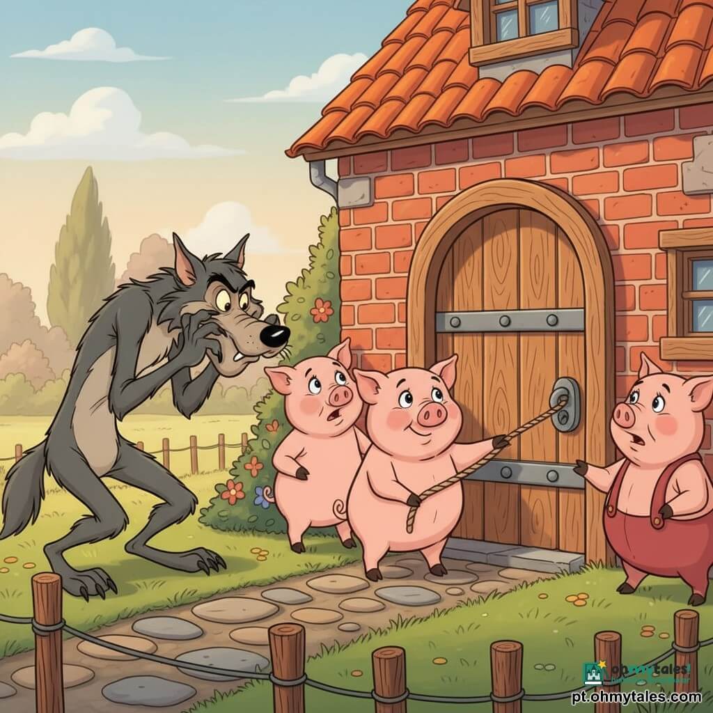 Pipo, um dos Três Porquinhos, rosto redondo e bochechudo, pelo rosa claro, determinado e sorridente, em pé diante de uma porta de tijolos vermelhos segurando uma corda como se tivesse trancado a casa; Lilo, porquinho mais magro e pálido, com expressão assustada mas corajosa, atrás de Pipo à esquerda; Tico, porquinho atarracado de pelo rosa escuro, à direita com as mãos na maçaneta, preocupado mas solidário; o lobo, alto e magro, pelo cinza escuro, focinho longo e olhos astutos, do lado de fora cheirando a porta e em postura de soprar; casa de tijolos bem construída com telhado de telhas laranja, jardim gramado e caminho de pedras; luz suave de fim de tarde, cores quentes e sombras suaves; cena centrada na porta com os três porquinhos unidos protegendo o lar contra o lobo, estilo cartoon anos 90 com contornos nítidos e expressões exageradas.