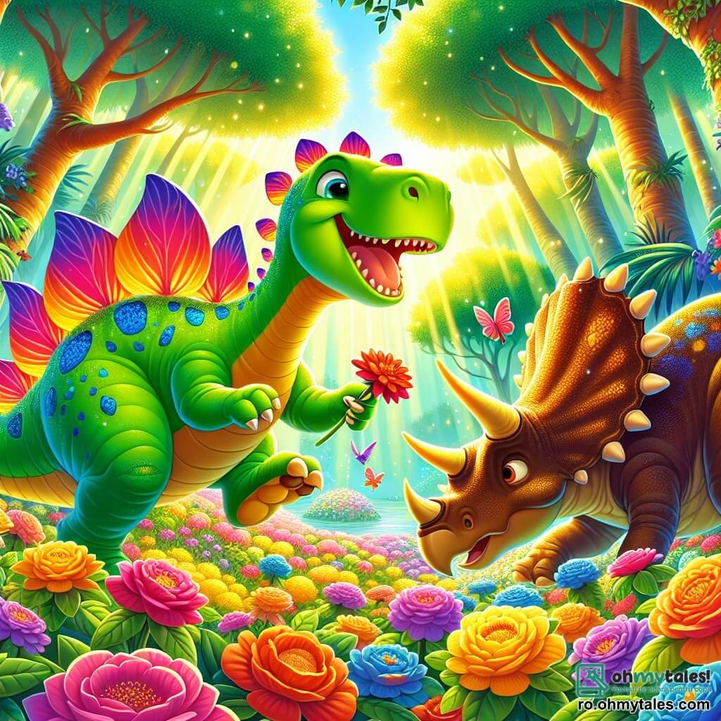 Un stegosaur numit Steggy, cu un corp verde strălucitor și spini colorați pe spate, își exprimă o mare bucurie sărind în mijlocul unui câmp de flori strălucitoare. Lângă el, un triceratops numit Dino, cu trei coarne și o piele maronie, zâmbește ținând o floare roșie în picioarele din față, în timp ce un brontozaur numit Tino, foarte mare și cu un gât lung, se apleacă pentru a admira florile, având un aer curios. Decorul este o insulă magică, plină de copaci mari cu trunchiuri groase, flori multicolore și o lumină aurie care filtrează prin frunze. Scena îi arată pe Steggy, Dino și Tino căutând flori strălucitoare, plini de entuziasm și camaraderie, într-un mediu încântător și vesel.