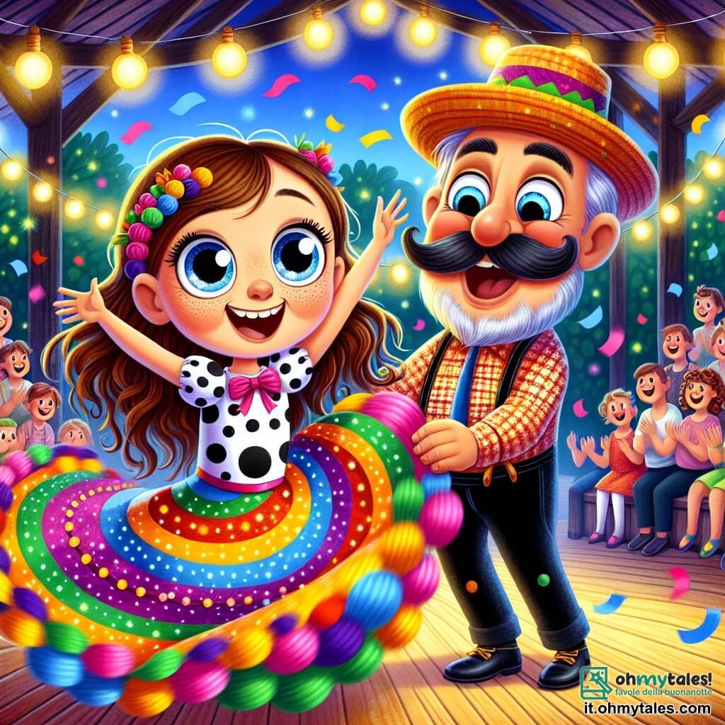 Una ragazza di 9 anni, Martina, con lunghi capelli castani e occhi scintillanti di gioia, danza con entusiasmo su un palco colorato, tenendo una grossa cipolla tra le braccia. Indossa un vestito a pois multicolori che ruota attorno a lei ad ogni movimento, e il suo viso irradia eccitazione e determinazione. Accanto a lei, il Signor Cipolla, un uomo gioviale di circa 50 anni con un cappello a forma di cipolla e una grande moustache, applaude con un grande sorriso, incoraggiando Martina con gesti entusiasti. Il palco è un vecchio fienile decorato con ghirlande luminose, palloni fluttuanti e spettatori felici seduti su panche di legno, tutti ridendo e applaudendo. Sullo sfondo si vedono alberi verdi e un cielo crepuscolare tinto di rosa e arancione, creando un'atmosfera magica. La scena principale mostra Martina che danza in modo ludico e creativo, facendo movimenti esagerati mentre cerca di jonglerare con la cipolla, suscitando risate e applausi dal pubblico, illustrando così il tema delle sfide impossibili trasformate in momenti di gioia.