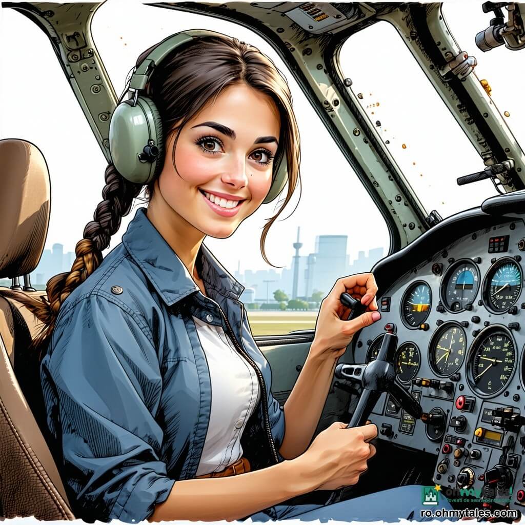 O tânără pilotă zâmbitoare dar concentrată, păr brun împletit, jachetă ușoară, ține un carnet uzat la piept și privește cockpitul deschis cu atitudine mândră; o mecanică de circa 30 de ani, mâini ușor pătată de ulei, păr scurt prins, ajustează o tringlerie lângă coada avionului, stânga și puțin în spate; un tehnician mai în vârstă, cu ochelari și păr cenușiu, arată o piesă metalică ținând o cheie englezească lângă o scară sprijinită de avion, în dreapta; un controlor de trafic, bărbat de circa 35 de ani, apare în fundal lângă un panou cu hârtii, zâmbind; hangar mare și luminos, podea de beton, rafturi cu cutii și unelte, uși mari deschise spre pistă și cer senin; avion mic cu fuselaj neted, aripi rotunjite, capotă deschisă cu cabluri și paloniere vizibile; atmosferă de cooperare calmă și muncă precisă; stil: linii fine tuș, contraste blânde, detalii tehnice simplificate, expresii calde și lizibile pentru copii.