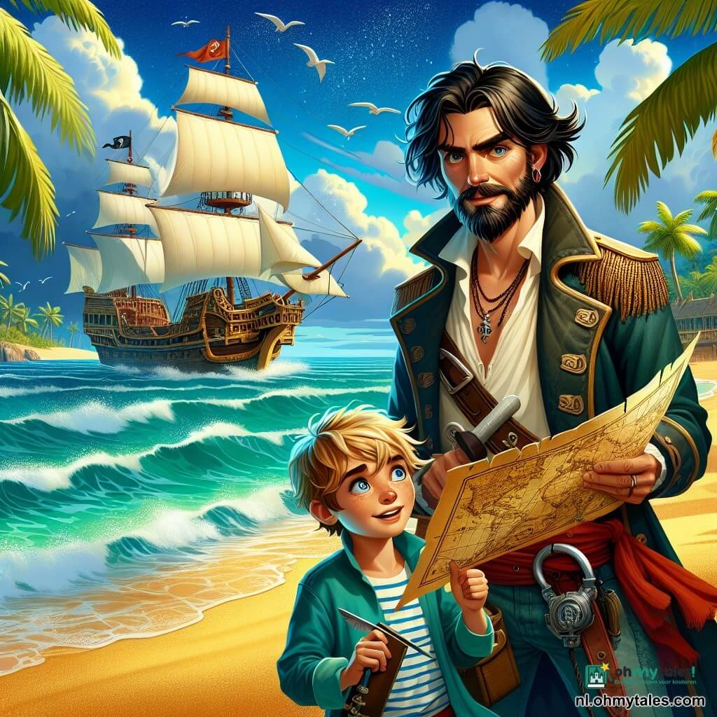 De hoofdpersoon, een man met een vastberaden blik, is kapitein Thijs, met rommelig zwart haar en een goed verzorgde baard. Hij draagt een piratenhoed versierd met een rode veer en een versleten leren jas, terwijl hij een schatkaart omhoog houdt met een opgewonden uitdrukking op zijn gezicht. Naast hem staat Mees, een 10-jarig jongetje met blond haar en sprankelende ogen, die aandachtig naar de kaart kijkt, met een glinstering van avontuur in zijn ogen. Iets verderop staat Lars, een 16-jarige jongen met een ondeugende glimlach en kleurrijke kleren, klaar om een grap te maken, wat een vleugje luchtigheid aan de scène toevoegt. De achtergrond toont een gouden zandstrand, omringd door groene palmbomen, met turquoise golven die zachtjes op de kust breken. Op de achtergrond is het piratenschip, de Zeewolf, te zien met zijn witte zeilen die in de wind wapperen, en een blauwe lucht met witte wolken. De hoofdsetting laat Thijs en zijn jonge team zien die een mysterieuze schatkaart ontdekken, omringd door een sfeer van opwinding en avontuur, klaar om op zoek te gaan naar de Planche des Zeesymbolen, terwijl ze de adrenaline van een nieuwe uitdaging voelen die hen te wachten staat.