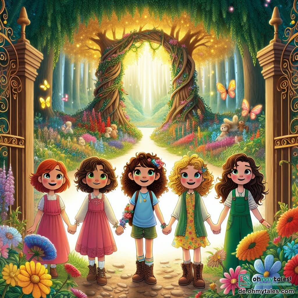 Vier junge Mädchen, Mia (10 Jahre, braune lockige Haare, trägt ein rosa Kleid), Lina (9 Jahre, glatte blonde Haare, gekleidet in ein blaues T-Shirt und Shorts), Emma (10 Jahre, lockige rote Haare, angezogen mit einem grünen Rock und einem blumigen Oberteil) und Sophie (9 Jahre, wellige kastanienbraune Haare, trägt einen gelben Latzanzug), stehen Hand in Hand im Zentrum einer wunderschönen Lichtung. Um sie herum öffnet sich ein großes, altes Holztor, das mit Lianen und bunten Blumen geschmückt ist, zu einem magischen Garten. Der Garten ist voller leuchtend bunter Pflanzen, leuchtender Blumen und kleiner fantastischer Tiere, die um sie herumfliegen. Im Hintergrund erhebt sich ein majestätischer Baum mit goldenen Blättern, während Sonnenstrahlen durch die Äste filtern und eine märchenhafte Atmosphäre schaffen. Die Mädchen, mit Freude und Staunen auf ihren Gesichtern, bereiten sich darauf vor, in den verzauberten Garten einzutreten, bereit für ein unglaubliches Abenteuer.