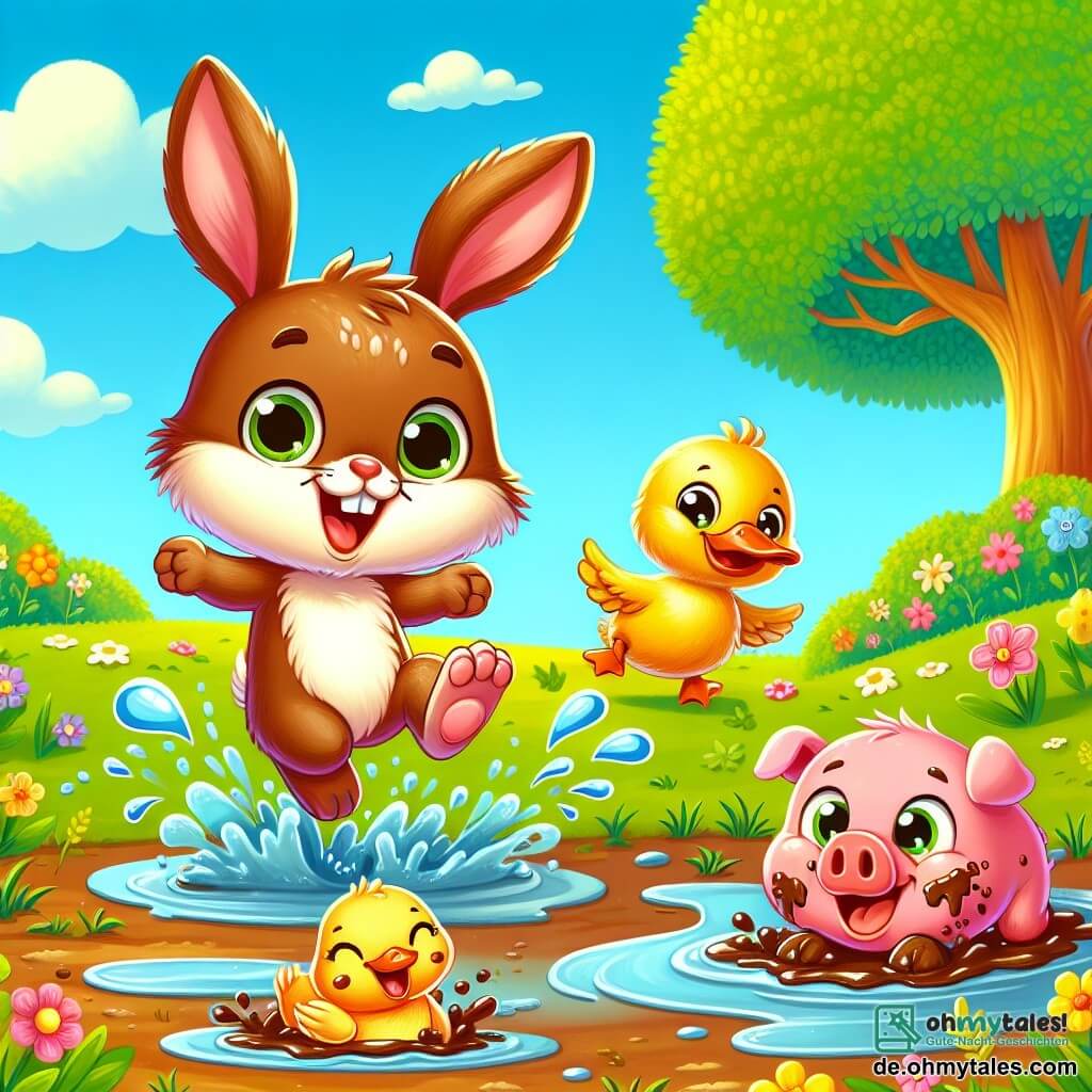 Ein kleiner Hase mit großen Ohren, weichem, braunem Fell und strahlenden Augen springt fröhlich in eine Wasserpfütze und spritzt Wasser um sich. Neben ihm steht eine kleine gelbe Ente mit glänzenden Federn und einem schelmischen Lächeln, bereit, mit ihm zu spielen. Ein rosa Schwein mit runden Wangen, einem amüsierten Blick und schmutzigen Pfoten rollt lachend über den Boden. Die Szene spielt sich auf einer grünen Wiese mit bunten Blumen unter einem strahlend blauen Himmel mit einigen flauschigen Wolken ab. In der Ferne steht ein majestätischer großer Baum, der Schatten und Schutz für die Tiere bietet. Die Hauptsituation zeigt den Hasen, die Ente und das Schwein, die zusammen Spaß haben, lachen und im Schlamm spielen, was eine Atmosphäre von Glück und Kameradschaft schafft.