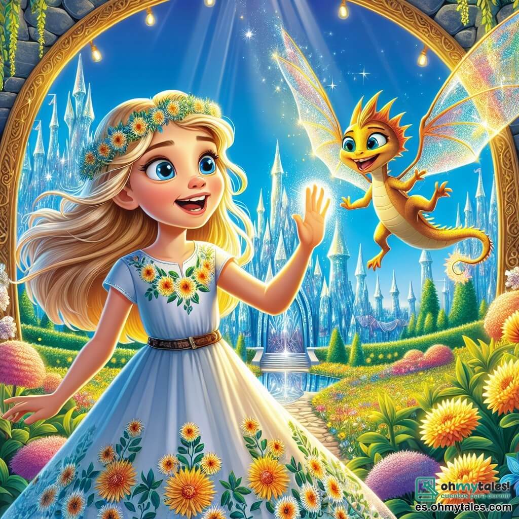 Elena, una niña de 10 años, se encuentra en el centro de la imagen, con cabello dorado que flota a su alrededor como rayos de sol. Sus ojos azules brillan de emoción y determinación mientras mira un hermoso espejo brillante frente a ella. Lleva un vestido ligero con flores, símbolo de su conexión con la naturaleza. A su lado, Lúculo, un pequeño dragón de escamas doradas, vuela alegremente, con alas translúcidas que brillan bajo la luz del sol y una sonrisa traviesa, listo para ayudar a Elena en su misión. El fondo es un castillo de cristal brillante, rodeado de jardines coloridos llenos de flores mágicas y criaturas fantásticas, con árboles majestuosos de hojas doradas y un cielo azul radiante. La escena principal muestra a Elena, decidida y valiente, lista para tocar el espejo de los deseos y liberar el reino de la maldición, mientras Lúculo la anima con entusiasmo, creando una atmósfera de aventura y magia.