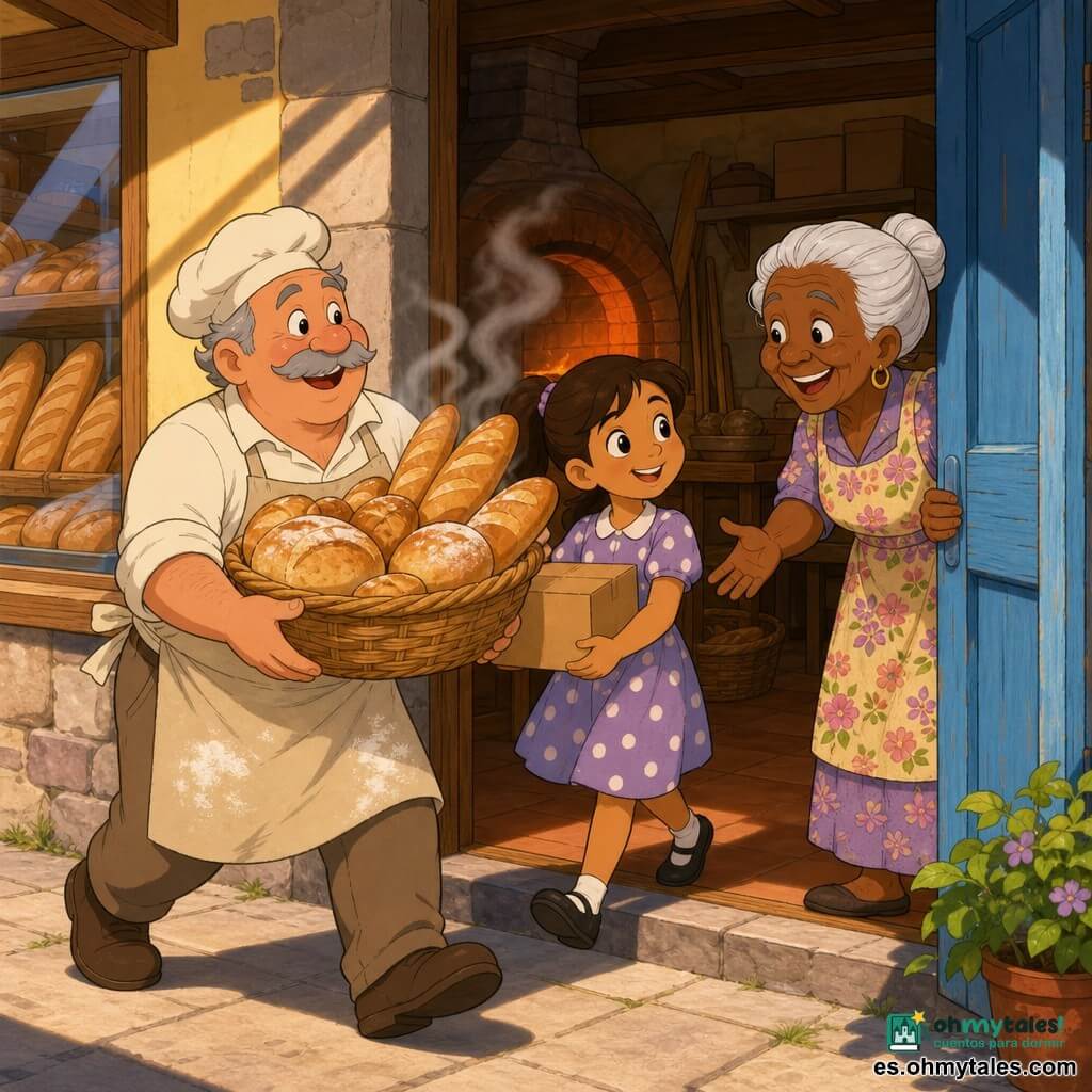 Un panadero de unos 60 años, rostro redondo, bigote gris y sonrisa cálida, con delantal beige lleno de harina, lleva un cesto de mimbre con panes dorados; a su derecha una niña, Lucía, de unos 8 años, coleta castaña, ojos brillantes y vestido de lunares, sostiene una pequeña caja; la señora Carmen, de unos 75 años, pelo blanco recogido y vestido de flores, abre una puerta azul desde el umbral sonriendo y recibe el cesto. Frente a la fachada de una pequeña panadería de piedra y madera se ven la vitrina con panes, estanterías y un horno de leña con un resplandor naranja; luz de la mañana ilumina la escena mientras reposan vapor y olor a pan, crujientes cortezas y harina visibles en un gesto de entrega y sonrisa compartida.