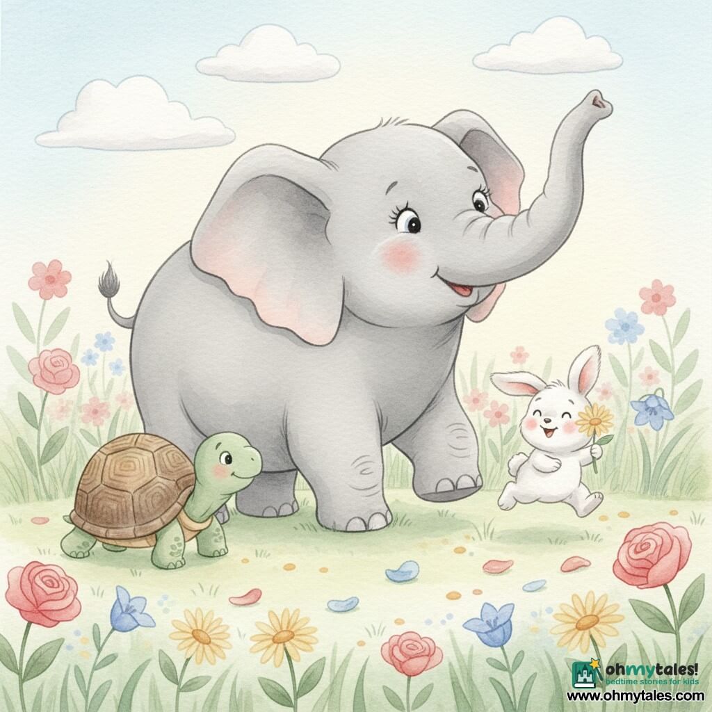 A large light-gray, soft, round elephant smiling and amazed, with drooping ears and long lashes, gently blows while raising its trunk to the sky; a small fluffy white rabbit with round joyful eyes holds a yellow flower and hops at the elephant's right paw; an old calm green turtle with a brown speckled shell slowly moves at the elephant's left looking at flowers; the sunlit clearing is filled with vibrant roses, yellow daisies, bluebells and purple petals, soft green grass and a few fluffy white clouds; the friends search for rainbow colors among the flowers in a warm, serene, pastel watercolor scene with soft strokes and rounded contours.