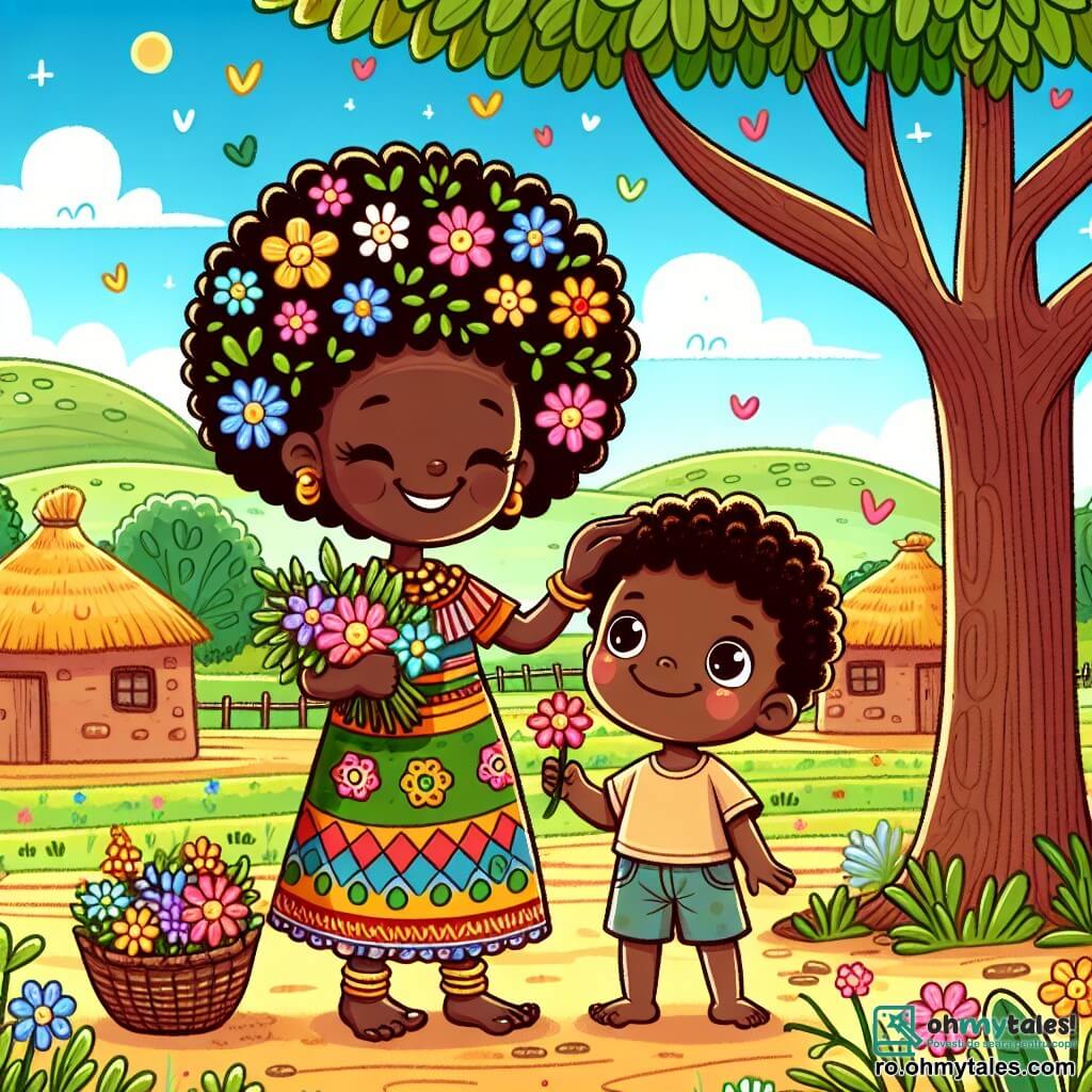 Amara este o femeie africană de aproximativ treizeci de ani, cu o piele brună caldă și părul creț împodobit cu flori colorate. Ea poartă o rochie tradițională cu modele vibrante, iar fața ei radiază bunătate și bucurie în timp ce zâmbește la un băiețel. Băiețelul, de aproximativ 7 ani, are ochi strălucitori și obraje rotunzi. El poartă un tricou simplu și un șort dintr-un material ușor, stând aproape de Amara, ținând o floare în mână, cu un zâmbet timid dar fericit. Scena se desfășoară sub un copac mare la umbră într-un sat african, cu case din chirpici în fundal și câmpuri verzi care se întind cât vezi cu ochii. Cerul este de un albastru strălucitor, presărat cu nori albi pufoși. Amara și băiețelul culeg flori colorate împreună, umplând un coș cu petale strălucitoare, în timp ce Amara îi explică băiatului cum fiecare floare reprezintă un prieten. Atmosfera este veselă și plină de căldură, simbolizând prietenia și descoperirea.