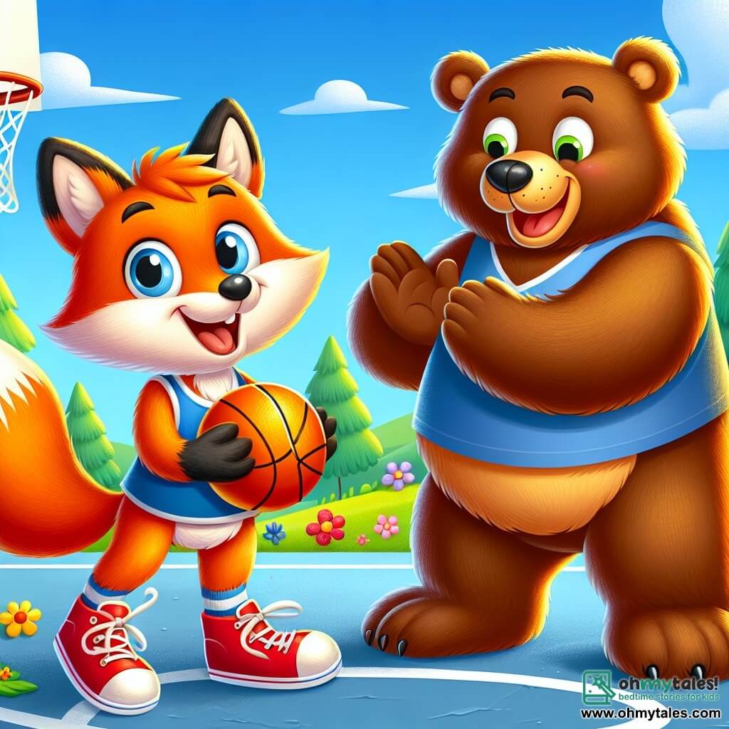 A cheerful fox with bright orange fur and a bushy tail, wearing red shoes, dribbles a basketball on a sunny court. Its eyes sparkle with excitement and it has a wide smile. Next to it, a tall, sturdy bear with brown fur and a blue t-shirt enthusiastically claps, showing pride for its friend. The bear has a friendly and encouraging look. The basketball court is surrounded by green trees and colorful flowers, under a clear blue sky with a few white clouds. The scene captures the fox passing the ball to the bear, reflecting the energy and joy of their game together.