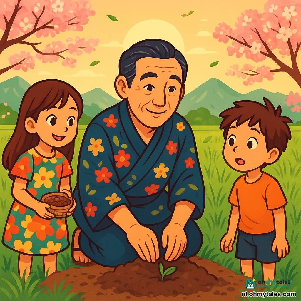 Een man genaamd Kazuo, in zijn vijftig, met lichtgrijs wordend zwart haar en ogen die sprankelen van wijsheid, staat in het midden van het podium. Hij draagt een traditionele kimono met bloemenpatronen en zijn gezicht straalt een zachte vastberadenheid uit. Hij is gehurkt, met zijn handen op een kleine hoop aarde, klaar om een zaadje te planten. Naast hem staat een klein meisje van ongeveer 8 jaar met lange, bruine haren en een nieuwsgierige glimlach, dat Kazuo aandachtig observeert. Ze draagt een kleurrijke jurk met bloemenpatronen en houdt een klein mandje vol zaadjes vast. Een jonge jongen van 6 jaar met messy haar staat iets verder weg, met grote ogen, gefascineerd door het tafereel. Hij draagt een eenvoudig t-shirt en een korte broek. De achtergrond is een groen rijstveld, verlicht door het gouden licht van de zonsondergang. Majestueuze bergen tekenen zich af op de achtergrond, terwijl bloeiende kersenbomen roze en witte accenten aan het landschap toevoegen. Kazuo legt met een vriendelijke blik aan de kinderen uit hoe belangrijk het is om zaadjes te planten om verhalen te laten groeien, terwijl de lichte wind de bladeren om hen heen laat dansen.