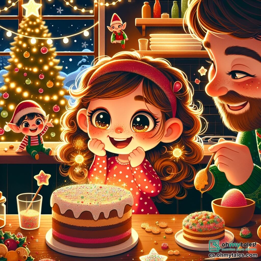 Una niña de 3 años, Clara, con grandes ojos brillantes y cabello rizado rubio, sonríe con asombro mientras decora pasteles de Navidad con purpurina de colores. Lleva un bonito vestido rojo con lunares blancos y sus mejillas están sonrojadas por la emoción. A su lado, su papá, un hombre de unos treinta años con barba castaña y un suéter verde, ríe mientras añade estrellas de azúcar a los pasteles, inclinándose ligeramente hacia Clara y compartiendo este momento alegre. En un rincón, un pequeño duende llamado Tintín, con orejas puntiagudas y un sombrero rojo, brilla con magia, sosteniendo una vaina de azúcar brillante. Tiene una sonrisa traviesa y parece listo para añadir un toque especial a los pasteles. La escena se desarrolla en una cálida cocina decorada para Navidad, con un gran árbol iluminado al fondo, guirnaldas brillantes y copos de nieve visibles a través de la ventana. Clara, su papá y Tintín se dedican alegremente a preparar pasteles de Navidad, llenando la habitación de risas y magia, listos para compartir su creación con el mundo.