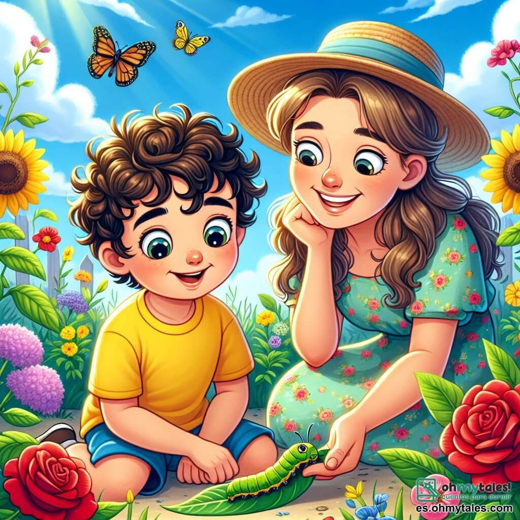 Un niño de 6 años, Lucas, con cabello castaño rizado y ojos llenos de curiosidad, está sentado en un jardín soleado, rodeado de flores coloridas. Lleva una camiseta amarilla brillante y un pantalón corto azul, y sonríe maravillado al observar una oruga verde en una hoja. A su lado, su mamá, una mujer de unos treinta años con cabello largo y castaño, está de rodillas, sonriendo, y le muestra a Lucas las diferentes flores que florecen a su alrededor. Ella lleva un vestido ligero con flores y un sombrero de paja. El jardín está lleno de flores brillantes: rosas rojas, girasoles amarillos y violetas, con mariposas coloridas volando alrededor. El cielo es de un azul brillante, salpicado de algunas nubes blancas y esponjosas. La escena principal muestra a Lucas y su mamá explorando el jardín, maravillados por la belleza de la naturaleza mientras descubren juntos las maravillas de la primavera.