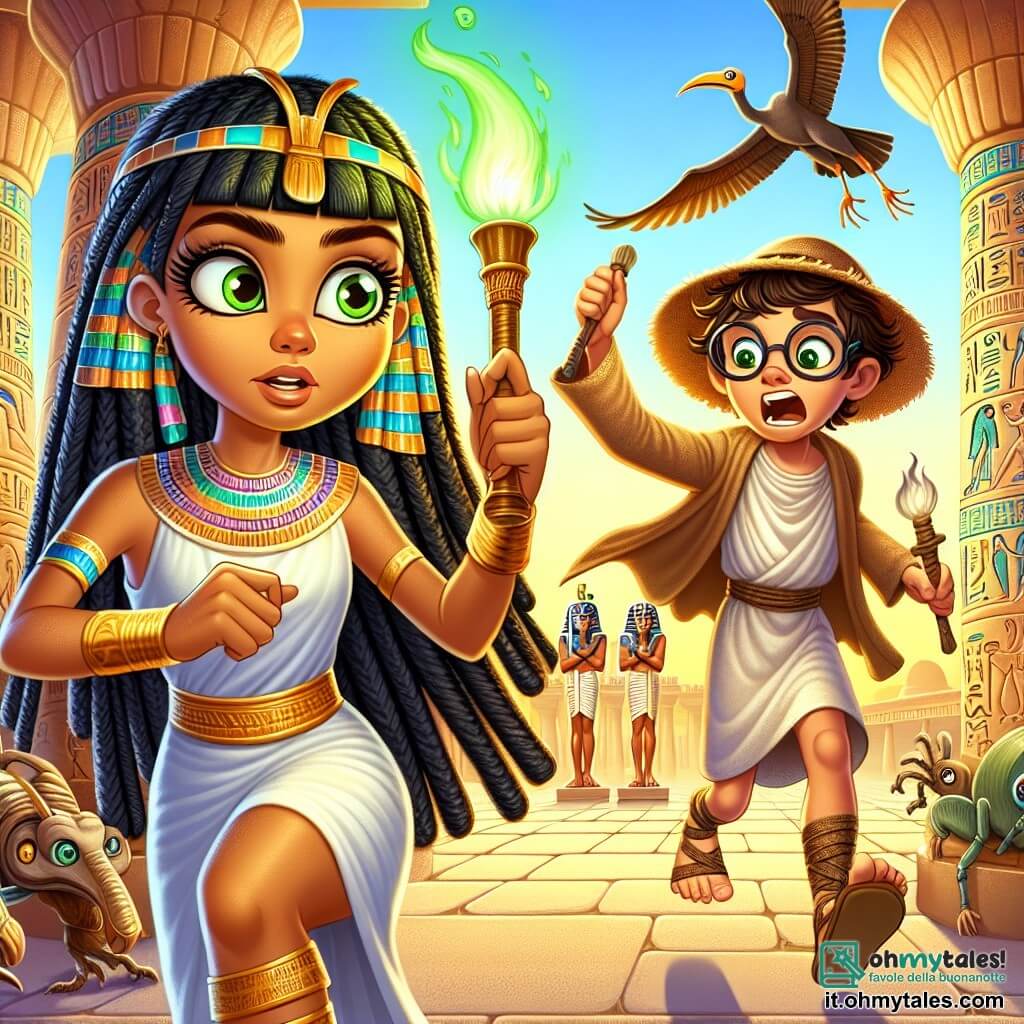 Neferet, una giovane egiziana di circa 12 anni, corre con determinazione tra le maestose colonne del tempio di Karnak. Ha lunghi capelli neri intrecciati, occhi brillanti di curiosità e un sorriso inquieto ma coraggioso. Tiene saldamente un bastone scintillante di luce verde sotto il mantello, mentre le sue sandali dorate colpiscono il suolo di pietra. Vicino a lei, un giovane scriba di circa 10 anni, con occhiali a forma di scarabeo e una tunica di lino stropicciata, corre tenendo un papiro infuocato, apparendo in preda al panico. Cerca disperatamente di fuggire da una mummia di circa 3000 anni, che, sebbene decomposta, indossa un cappello di paglia e sembra semplicemente smarrita, alzando le braccia per chiedere aiuto. Il tempio di Karnak è un luogo grandioso, con colonne ornate di geroglifici colorati e statue di animali mitologici, immerso in una luce dorata del mattino. I ibis giganti volano sopra, aggiungendo un tocco di magia all'atmosfera. La scena principale mostra Neferet che corre con il bastone magico, mentre lo scriba e la mummia si incrociano in una situazione caotica e divertente, piena di mistero e avventura.